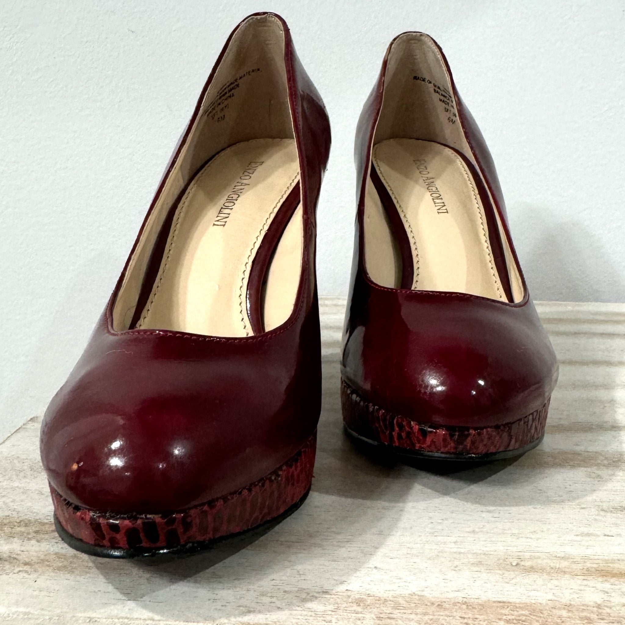 Enzo Angiolini High Heels Women’s Merlot Snake Skin Vegan Patent Leather Sz 6