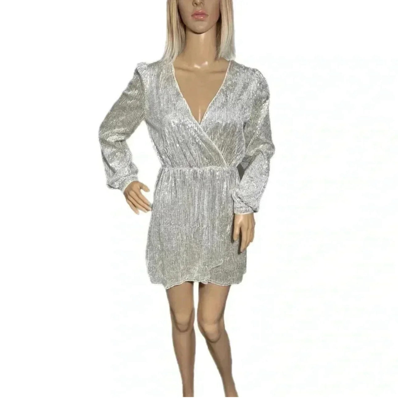 AKIRA White Silver Sequin Cocktail Mini Dress Long Sleeve V Neck Sz S