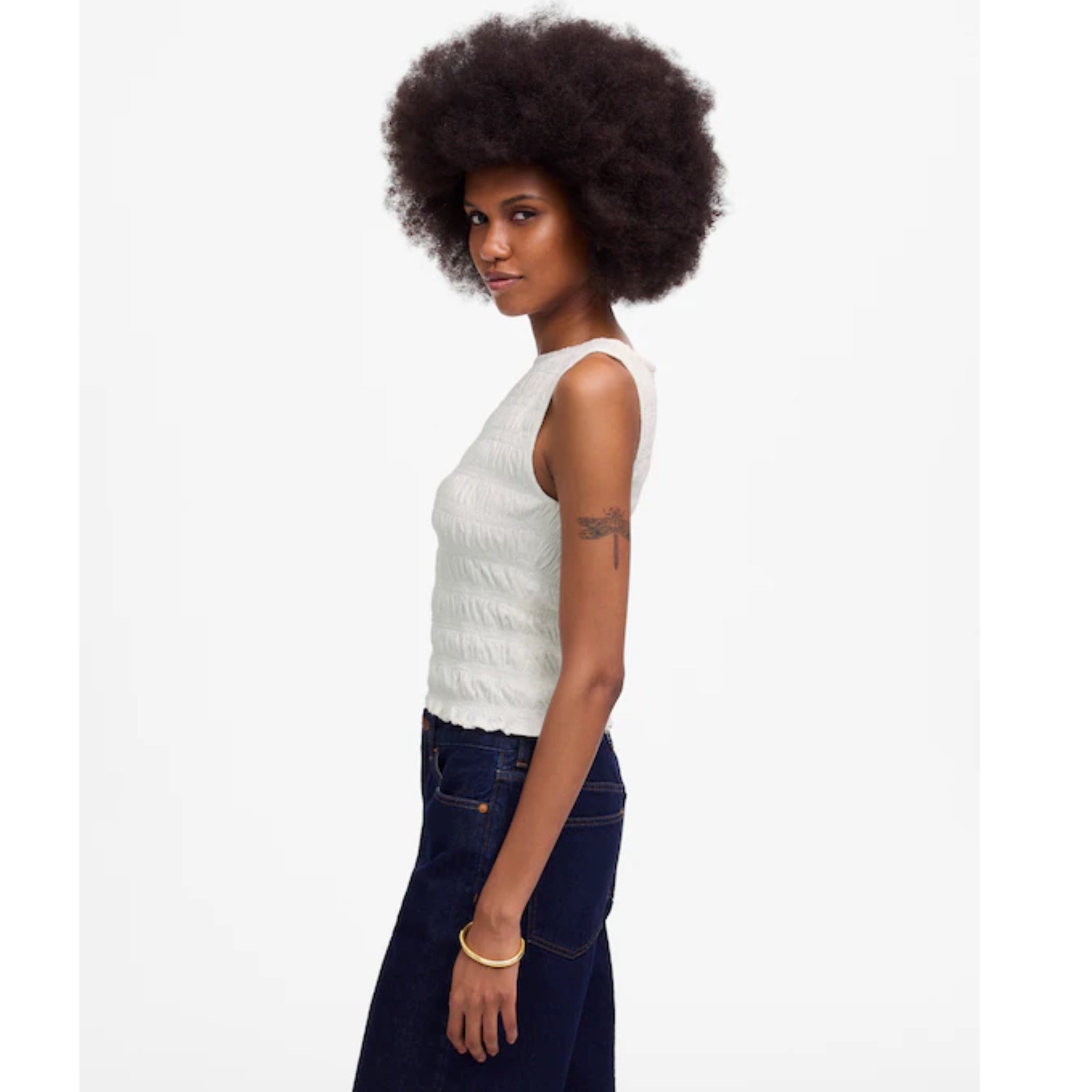 Madewell Smocked Boatneck Tank Linen Blend Women’s Sz L Coastal Chic New