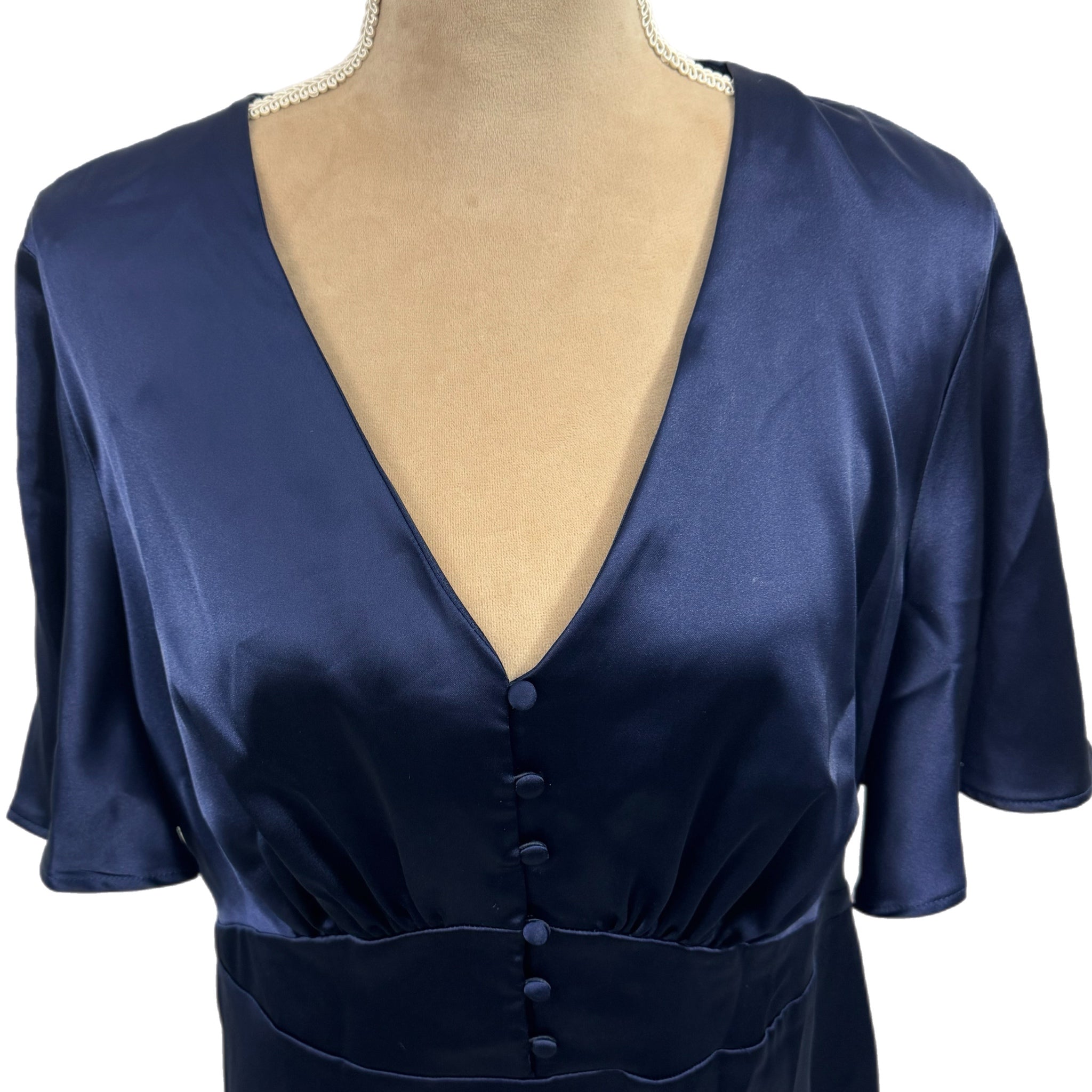 FLOUNCE LONDON Navy Satin Flutter Sleeve Mini Dress Short Sleeve V Neck Sz 16