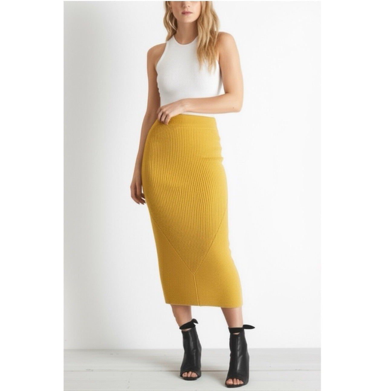 Sweet Baby Jamie Designer Skirt Yellow Knit Midi Pencil High Rise Sz M MSRP $220