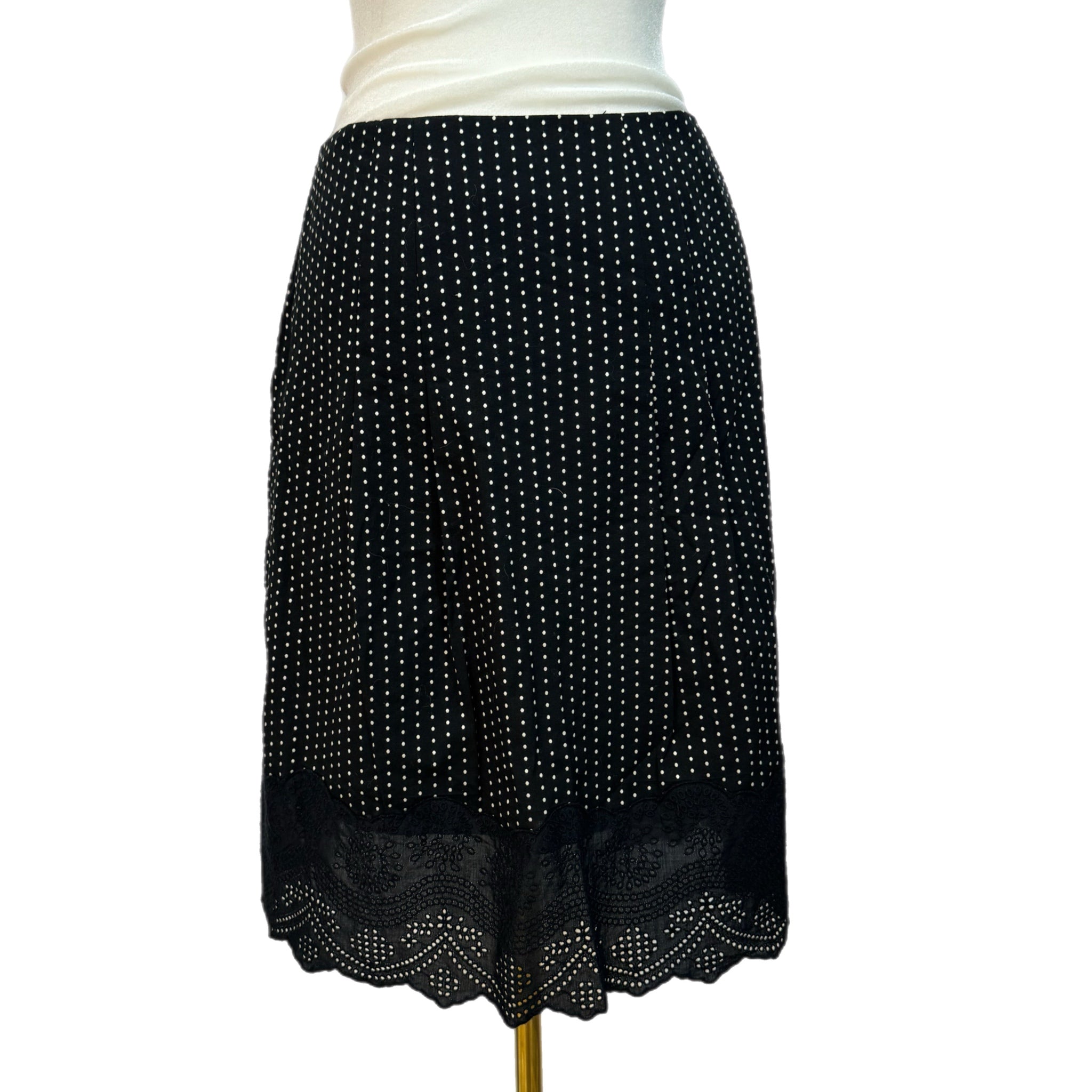 ANN TAYLOR Black Polka Dot Skirt Women’s 100% Cotton Full Knee Lace Hem Sz 6P