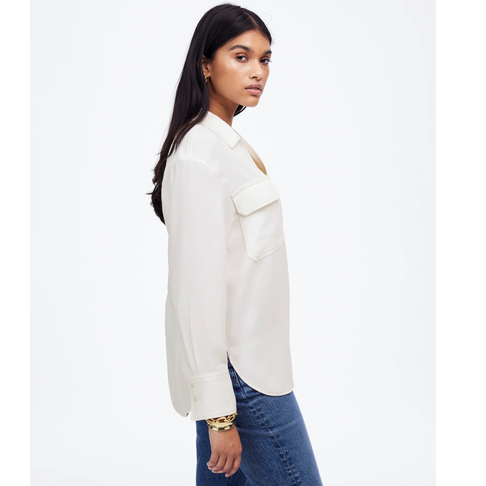MADEWELL Contrast Stitch Popover Blouse XS White Ivory Long Sleeve MSRP $118 New