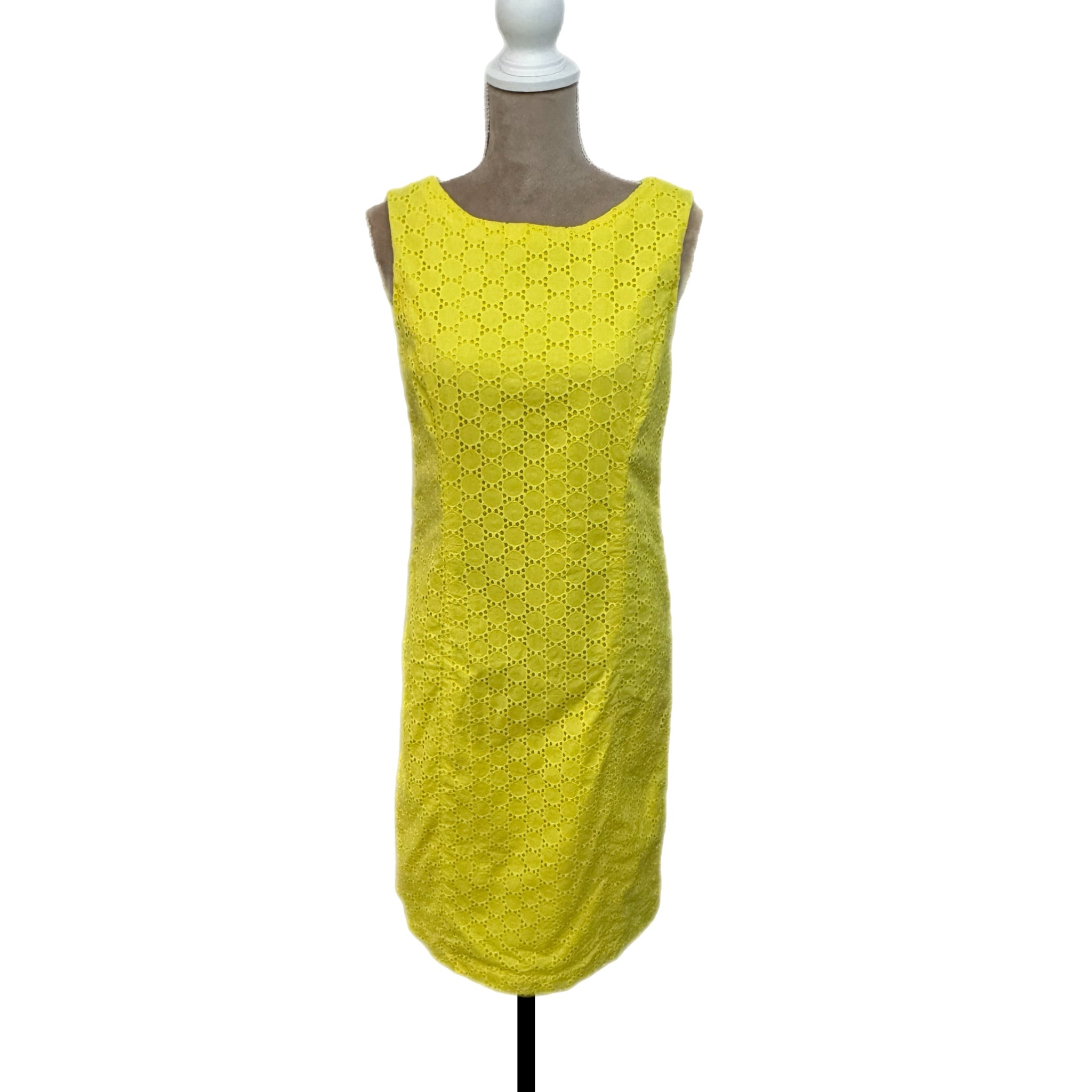 TALBOTS 100% Cotton Lemon Yellow Dress Preppy Lady Sheath Eyelet Knee Hem Sz 10