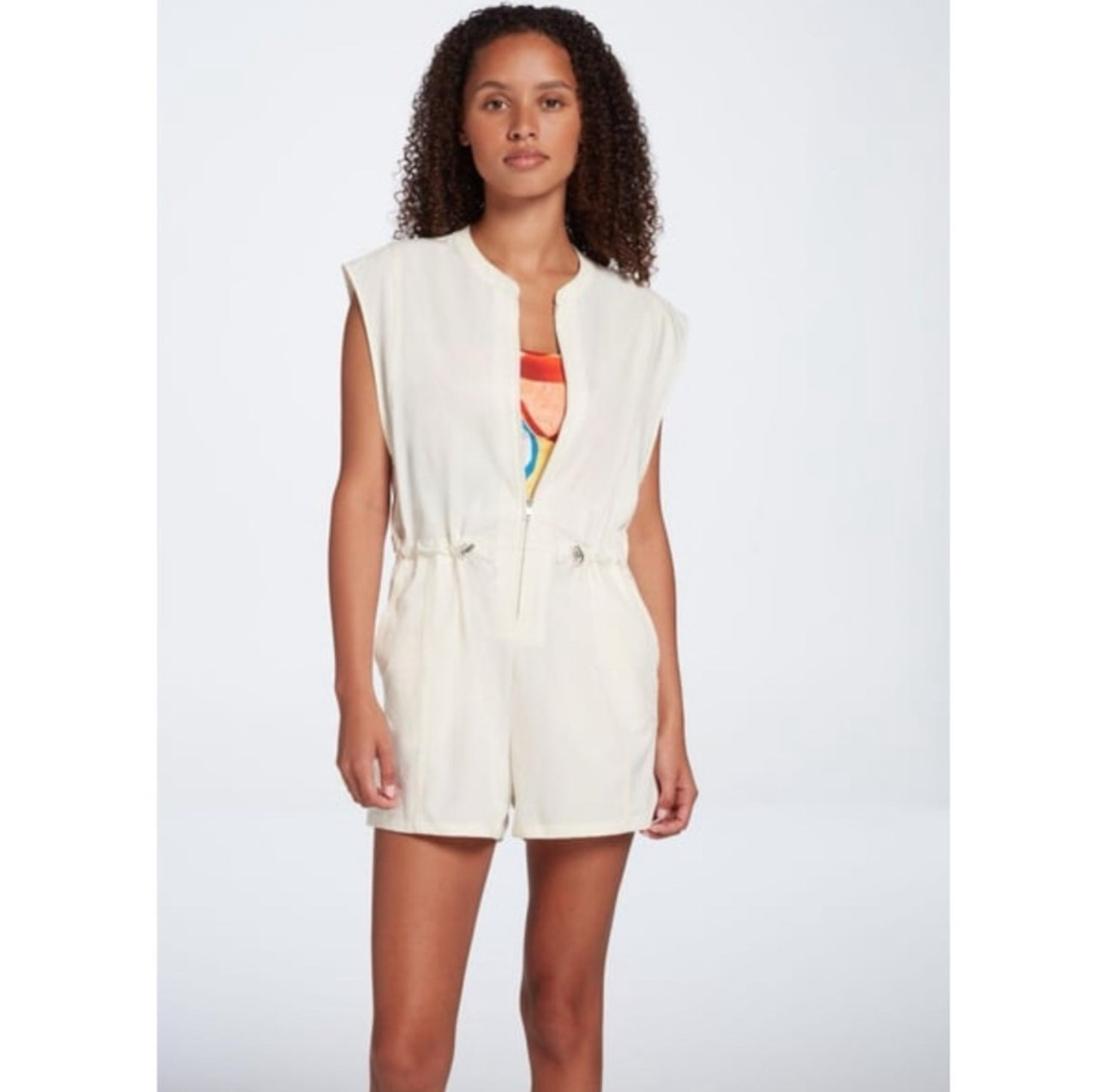 CALIA Soft Utility Romper Unbleached White Zip Womens Beachy Short Sleeve Sz XL