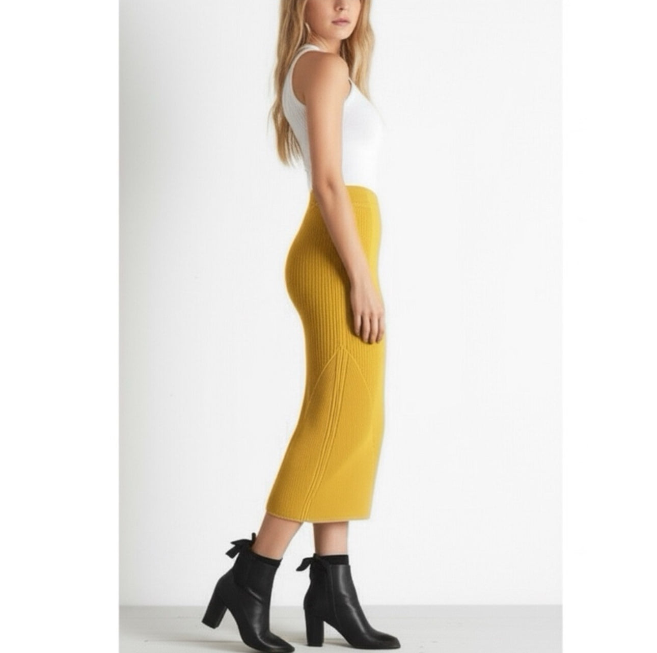 Sweet Baby Jamie Designer Skirt Yellow Knit Midi Pencil High Rise Sz M MSRP $220
