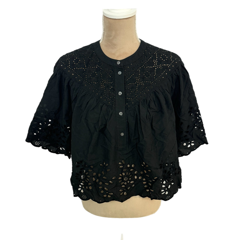 MADEWELL Women's Black Eyelet Cotton Sz S Swing Top Scalloped Hem Blouse New