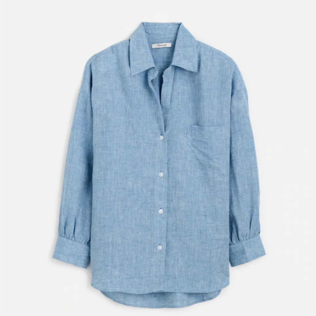 MADEWELL Shirred Button Up Linen Shirt Women’s Sz Small Sunfaded Blue Top NWT