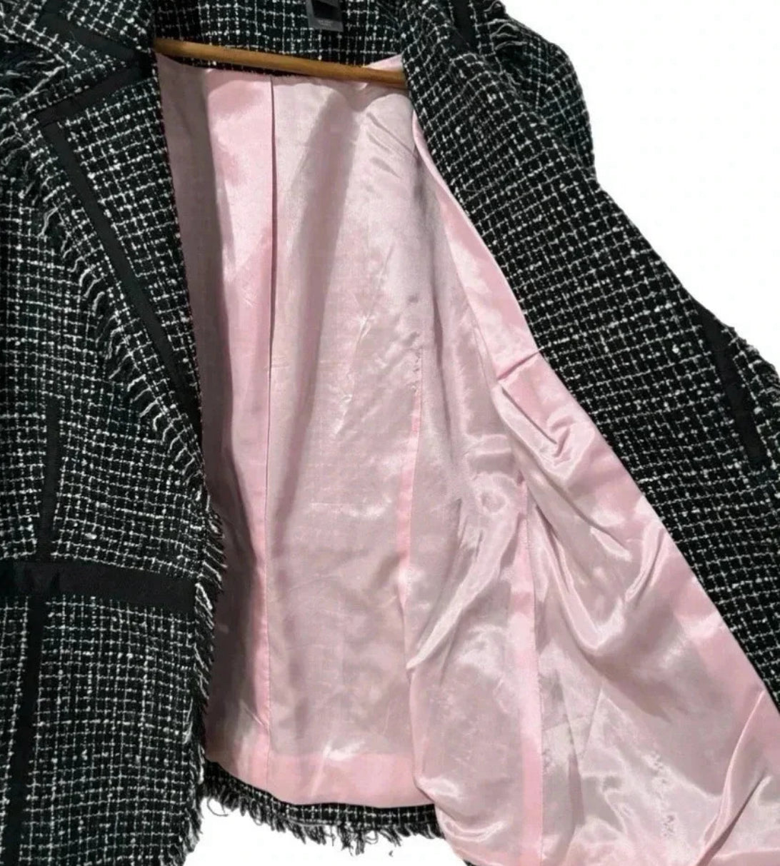 BISOU BISOU Michelle Bohbot Black & White Tweed Blazer Jacket Sz 6 Small