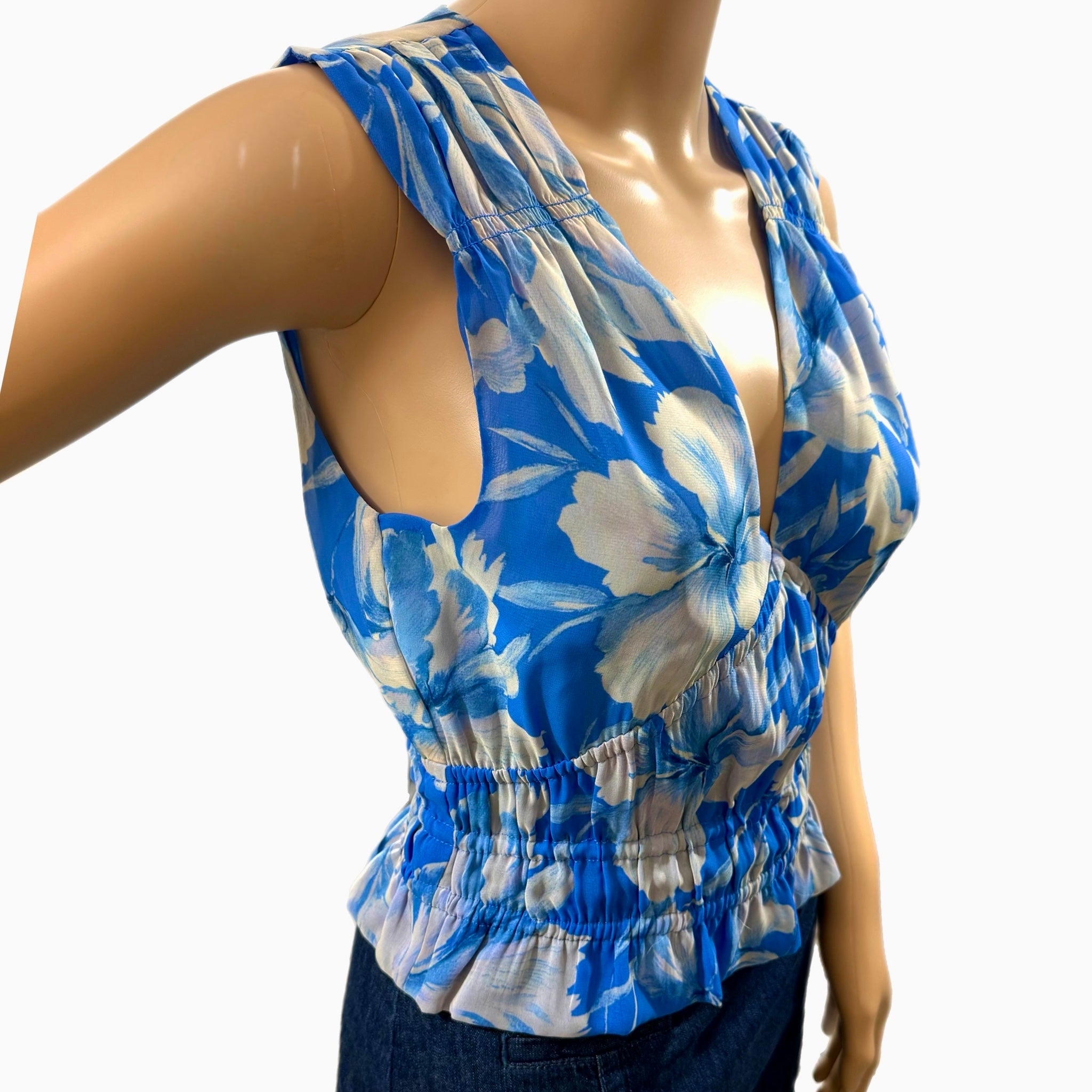 Steve Madden Blue Floral Smocked Crop Top Sleeveless Ruched Blouse Sz XS