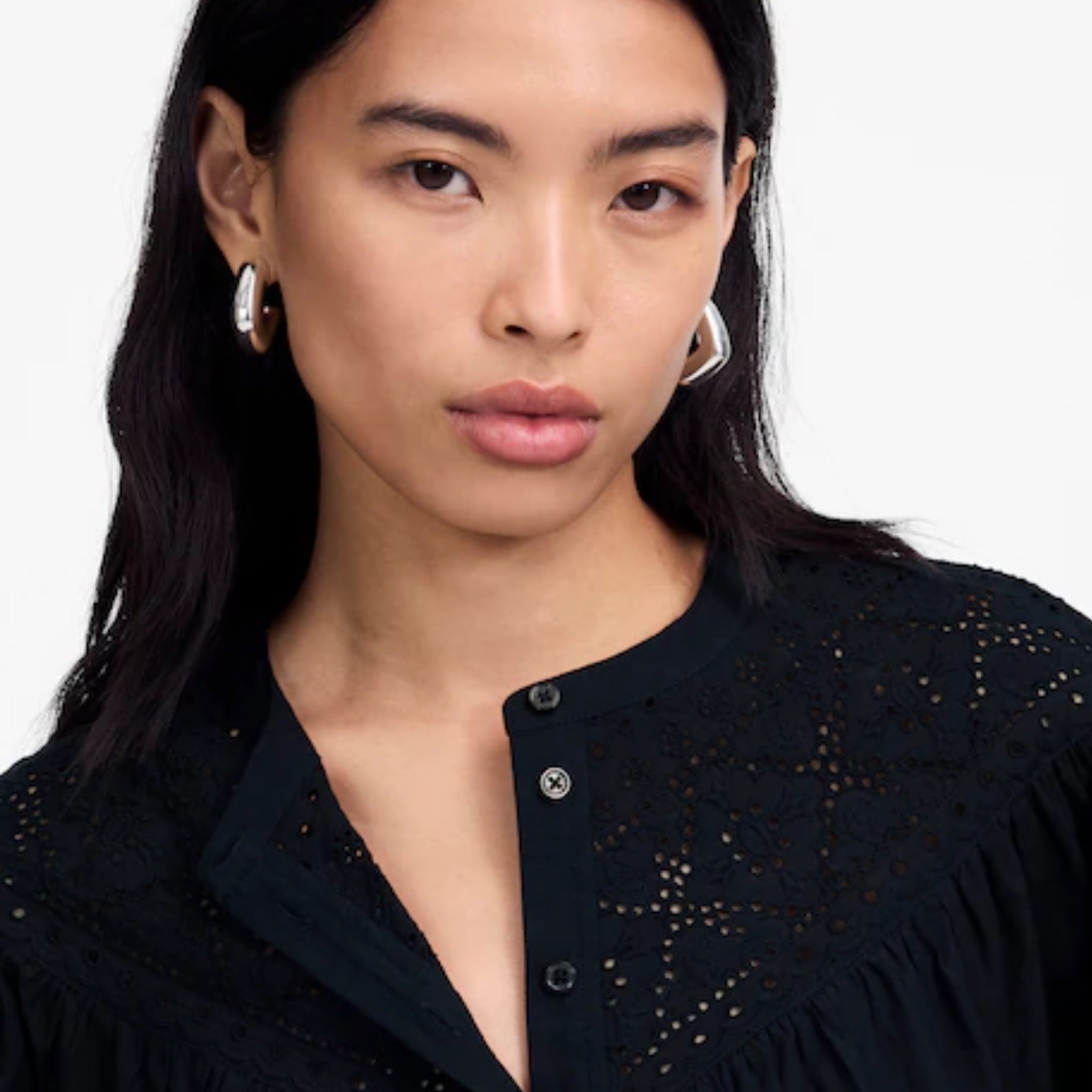 MADEWELL Women's Black Eyelet Cotton Sz S Swing Top Scalloped Hem Blouse New