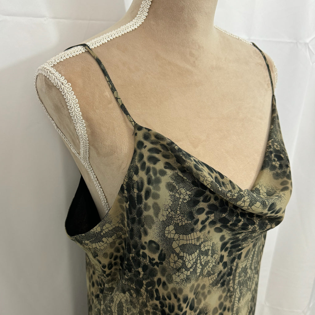 New York & Co 90s Style Midi Dress Abstract Green Spaghetti Strap Chiffon Sz 18