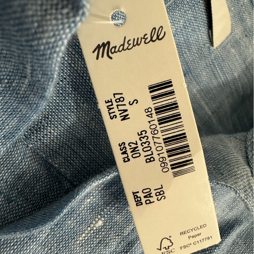 MADEWELL Shirred Button Up Linen Shirt Women’s Sz Small Sunfaded Blue Top NWT