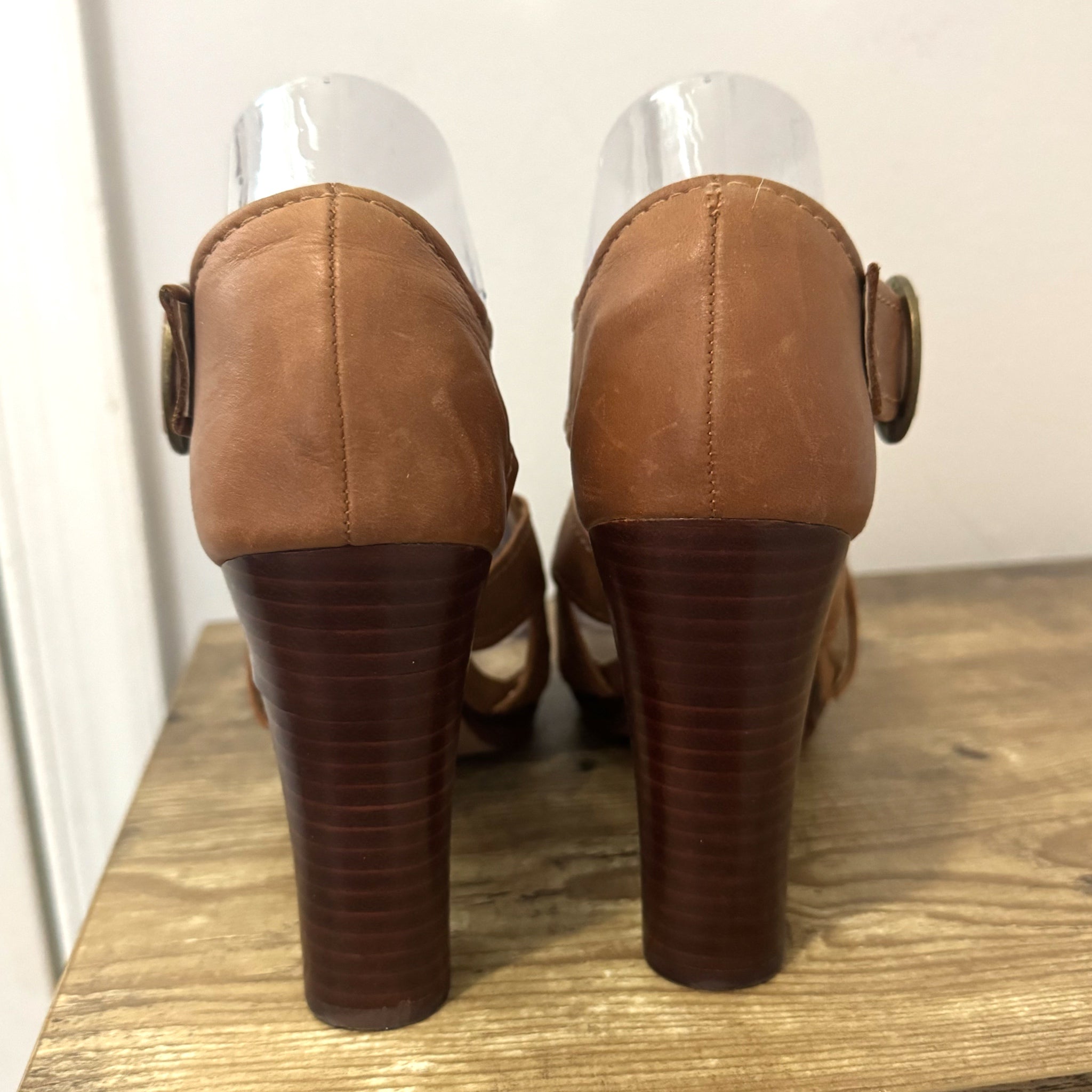Seychelles Route Heels Brown Leather Sandals From Anthropologie  Sz 7.5