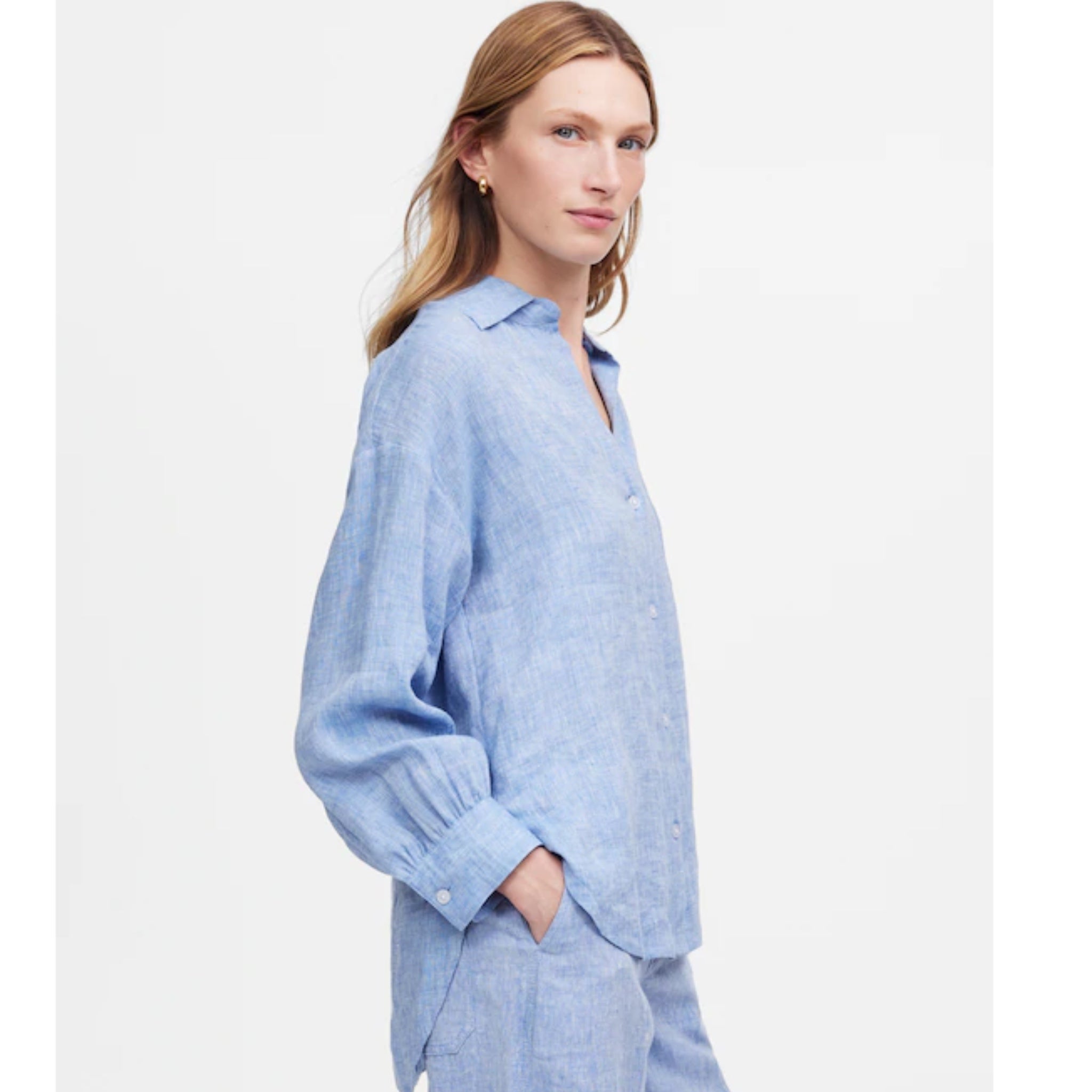 MADEWELL Shirred Button Up Linen Shirt Women’s Sz Small Sunfaded Blue Top NWT