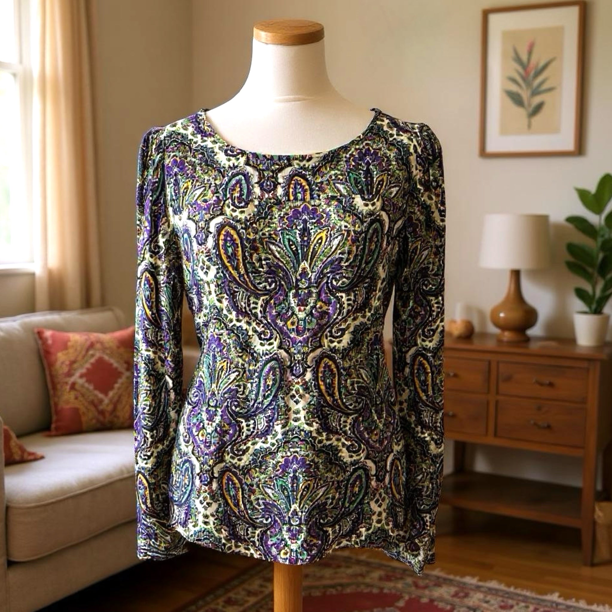 J CREW Preppy Blouse Womens Purple Boho Lovely Paisley Top Long Sleeve Sz 8