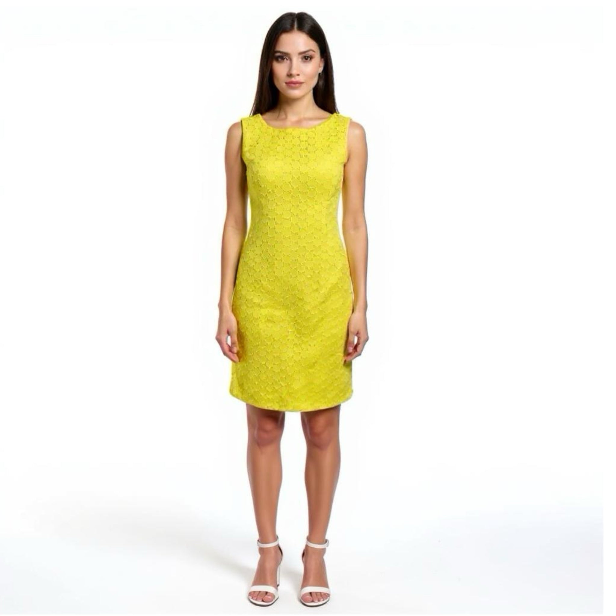 TALBOTS 100% Cotton Lemon Yellow Dress Preppy Lady Sheath Eyelet Knee Hem Sz 10