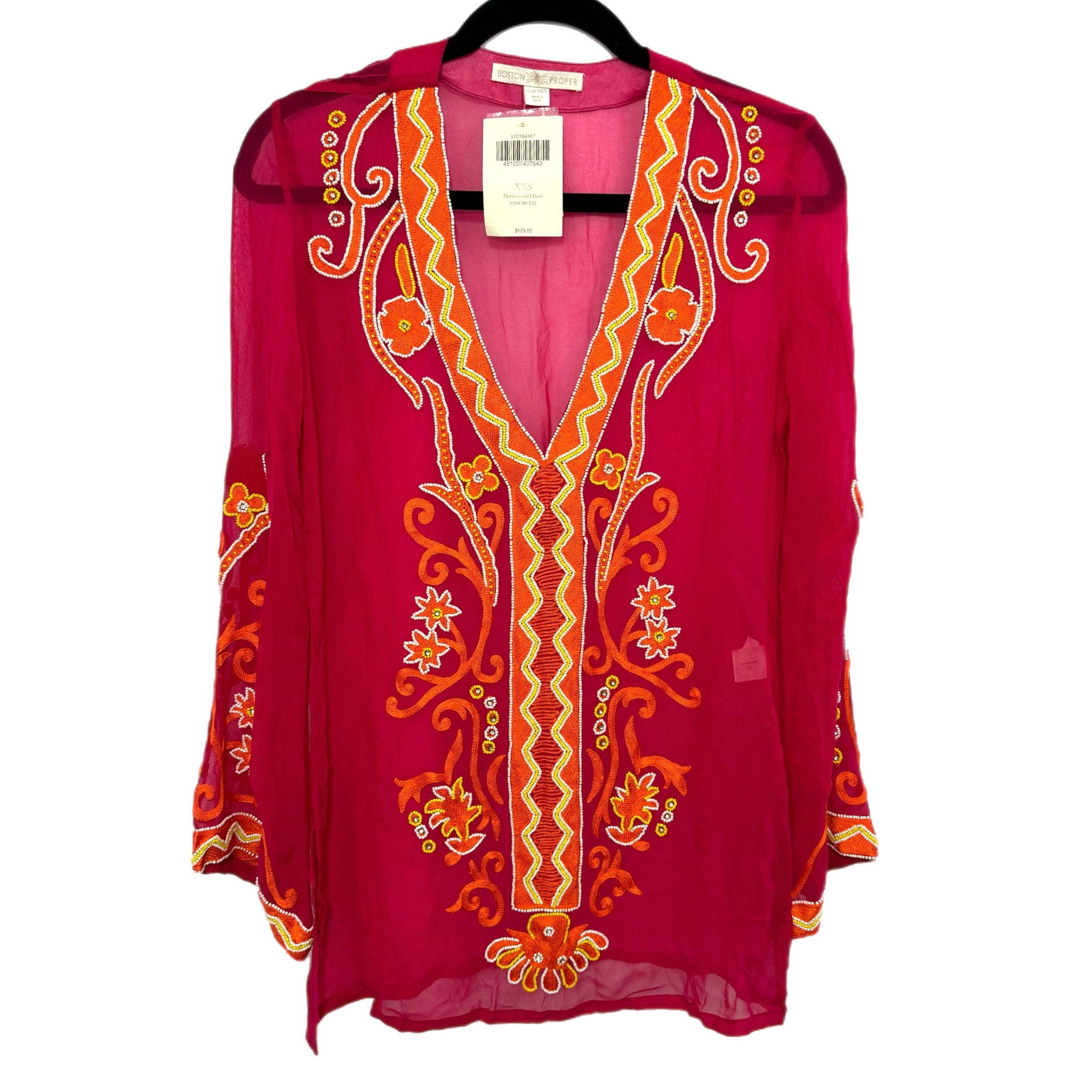 Boston Proper Resort Embroidered Sheer Tunic Top Womens Sz XXS MSRP $129 NWT