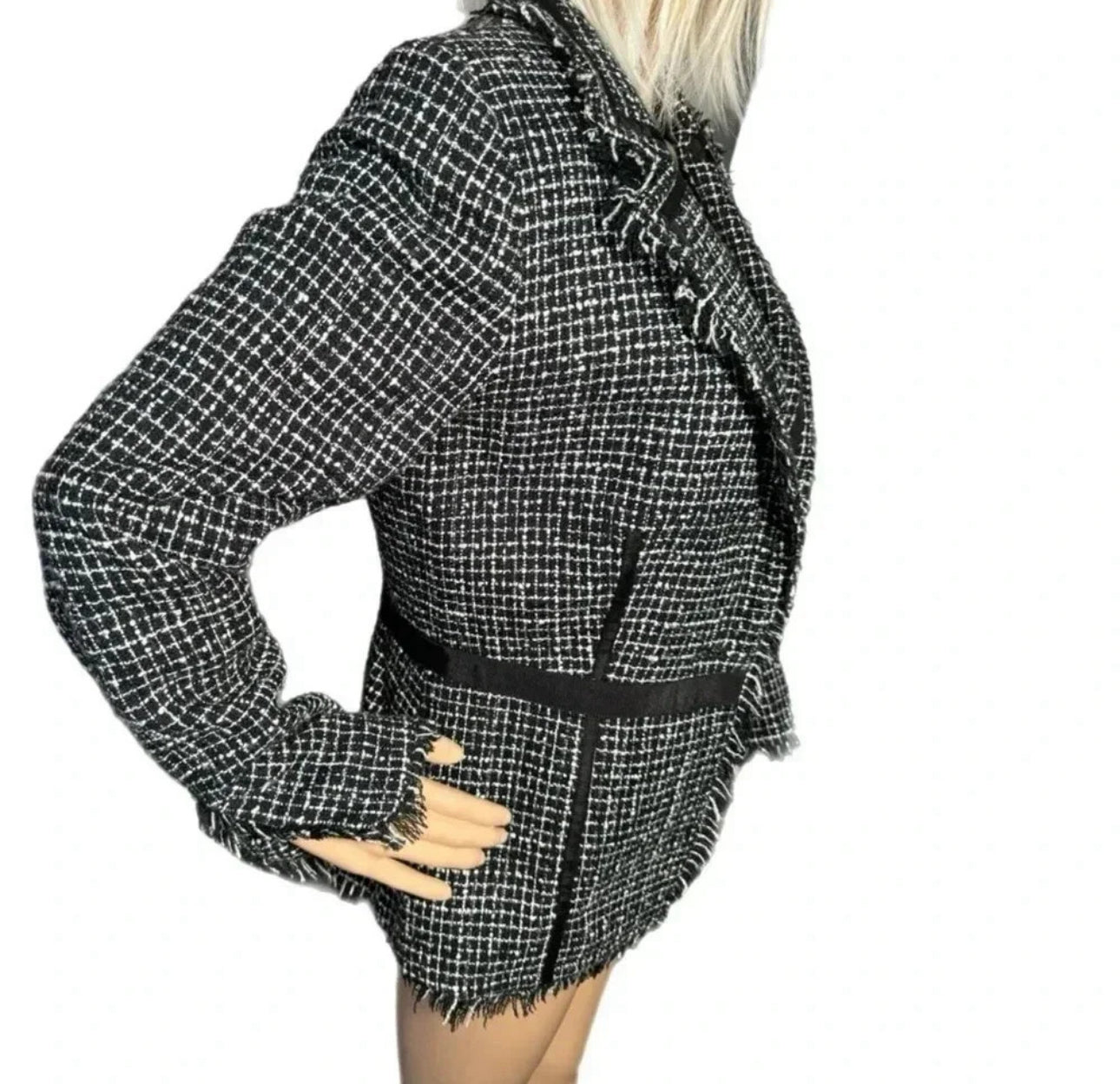 BISOU BISOU Michelle Bohbot Black & White Tweed Blazer Jacket Sz 6 Small