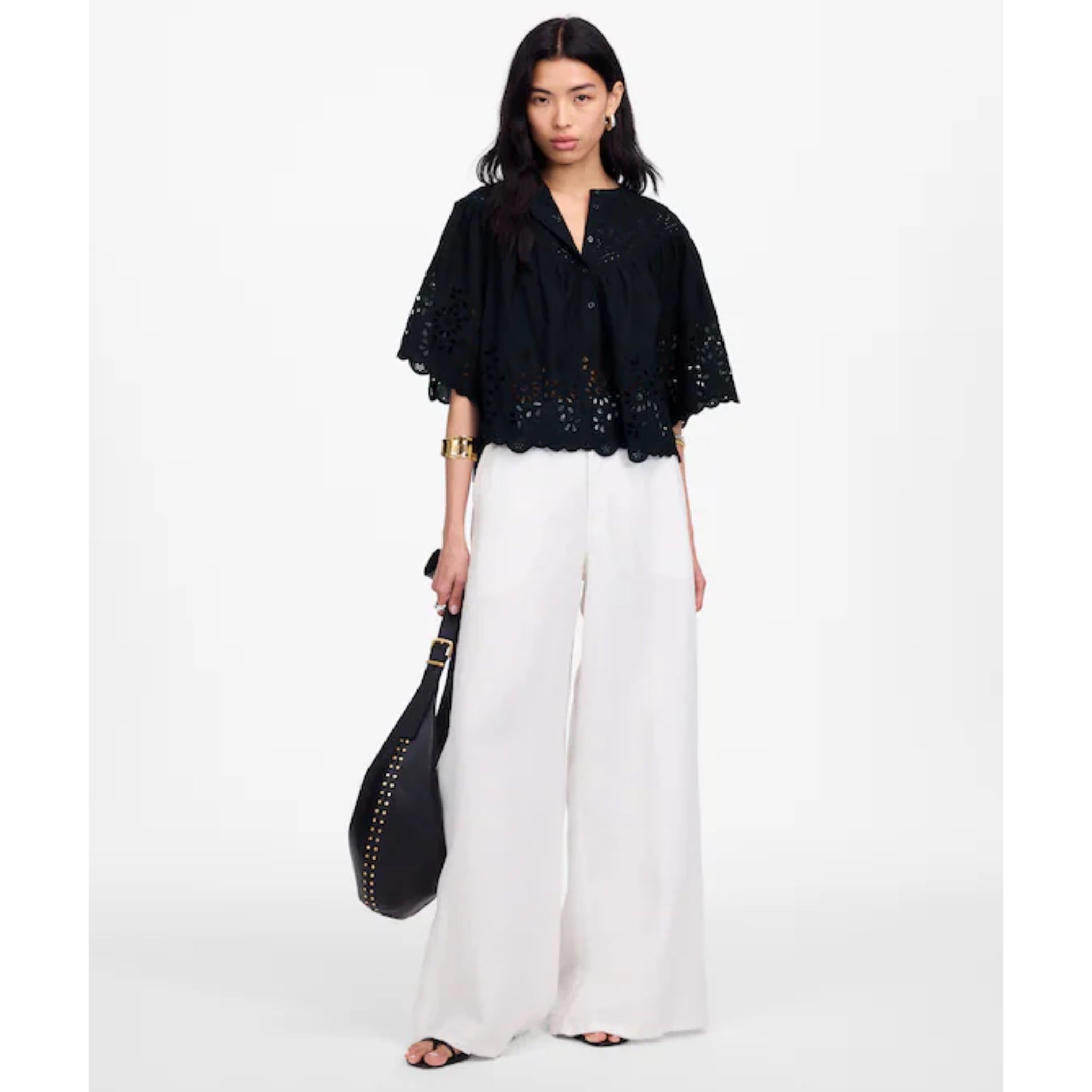 MADEWELL Women's Black Eyelet Cotton Sz S Swing Top Scalloped Hem Blouse New