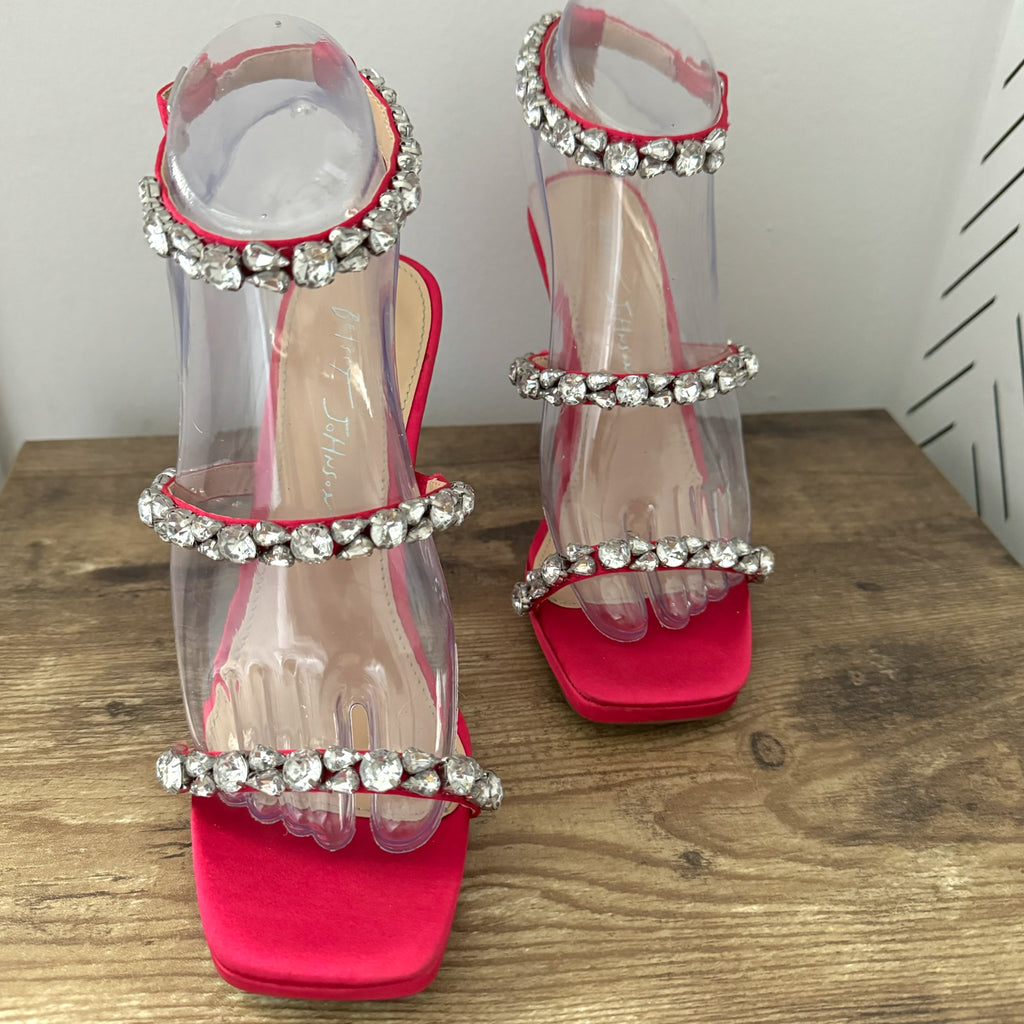 Betsey Johnson SB-Perry Women's Heels Pink Rhinestone Strap Blue Bottoms Sz 6.5
