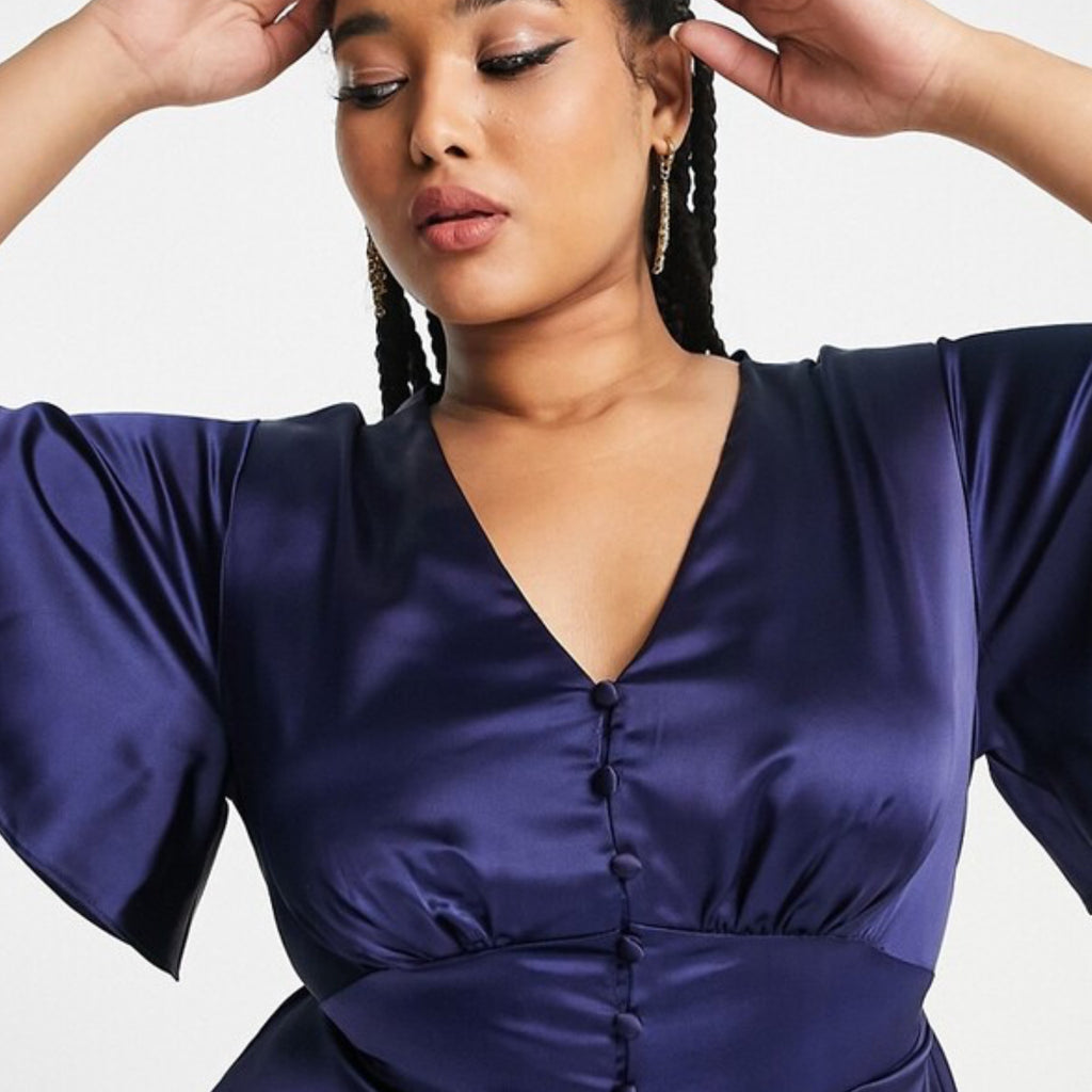 FLOUNCE LONDON Navy Satin Flutter Sleeve Mini Dress Short Sleeve V Neck Sz 16