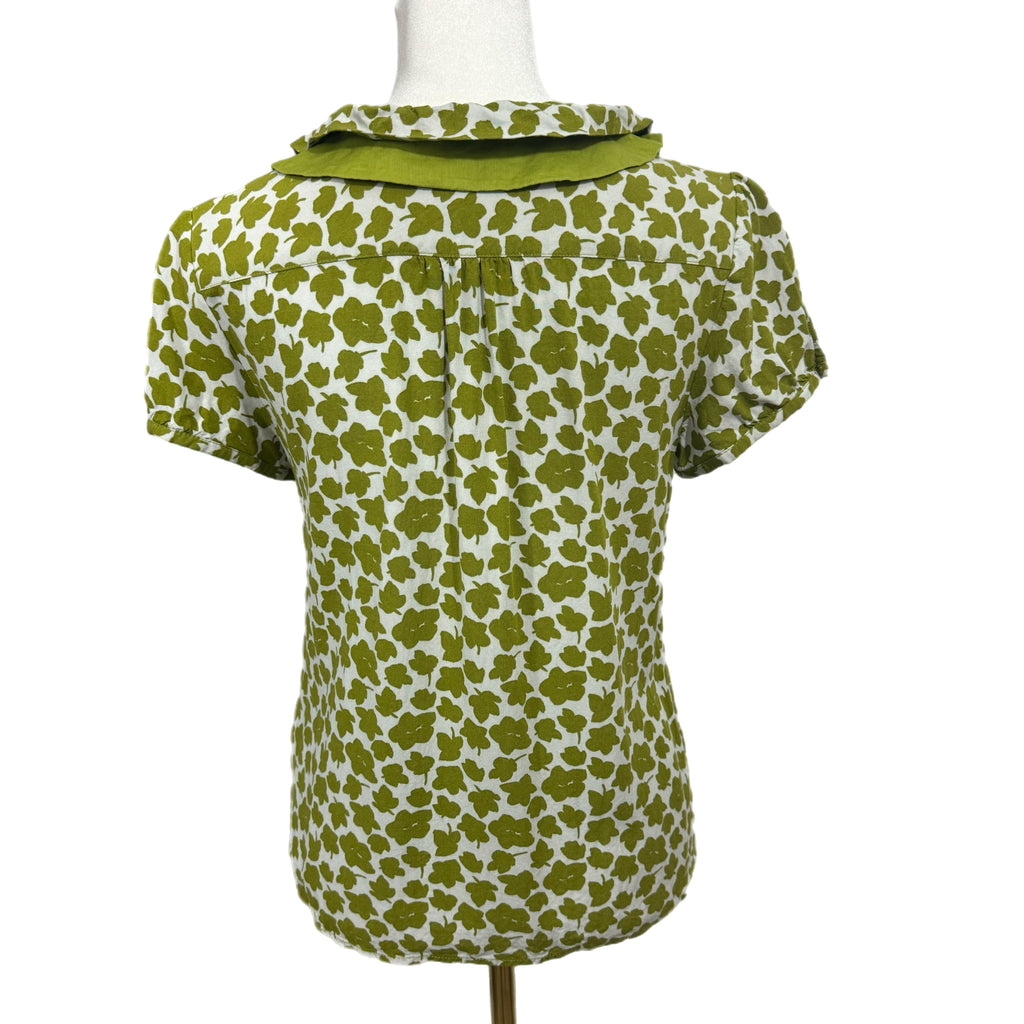BODEN Abstract Garden Blouse Short Sleeve Button Front Womens Ruffle Collar Sz 8