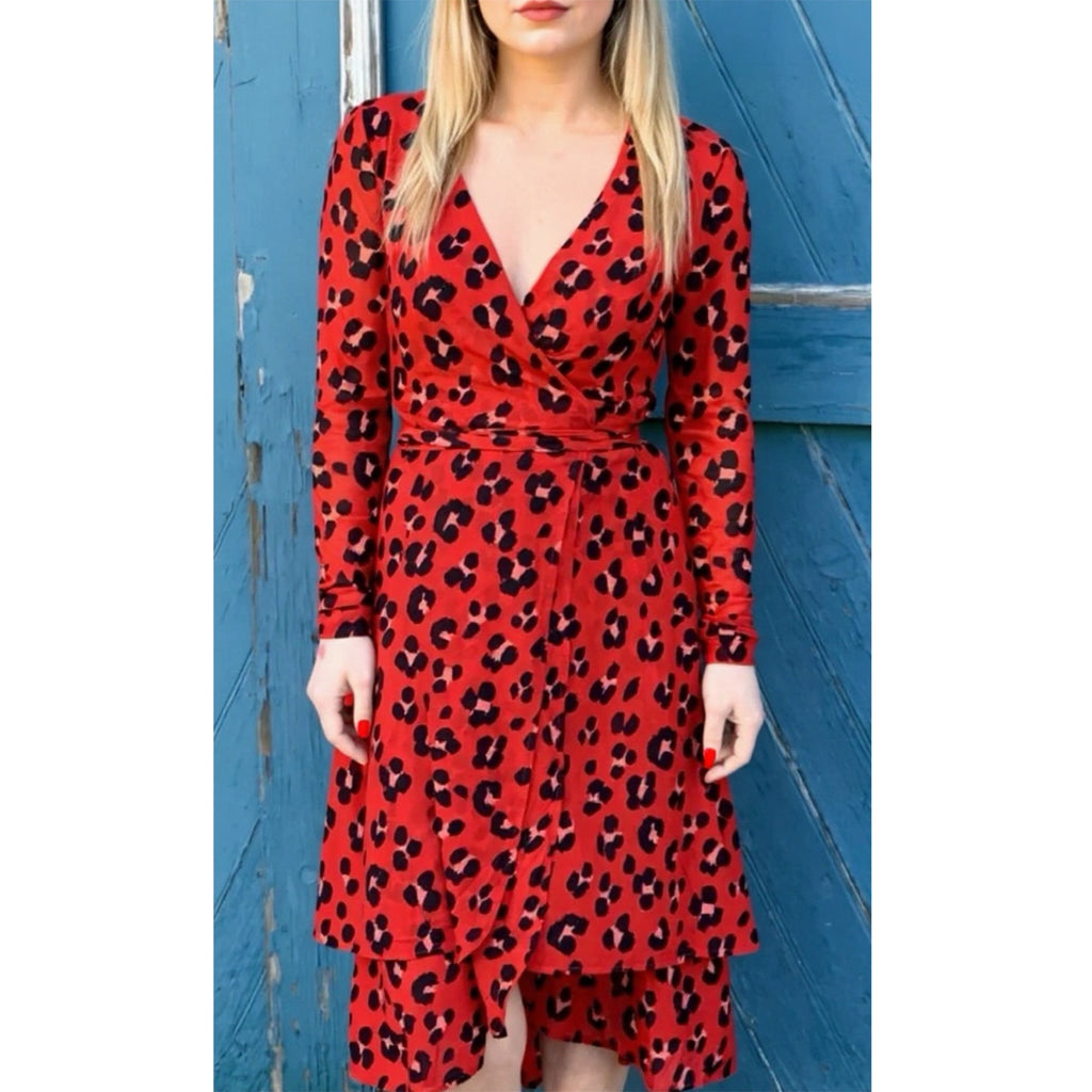 Cabi Siren Wrap Dress Red Leopard Print Midi Women’s Size XS Long Sleeve Chic