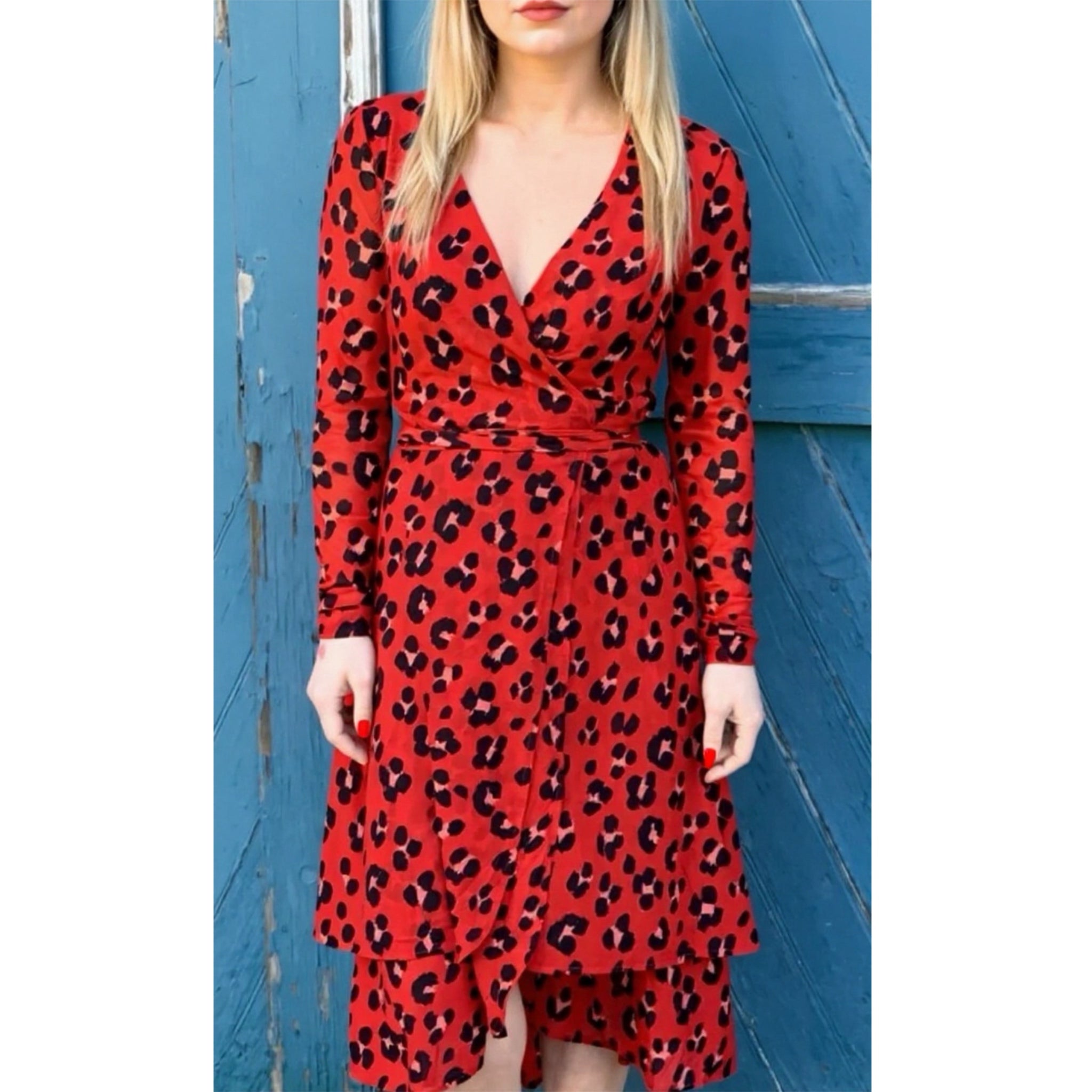 Cabi Siren Wrap Dress Red Leopard Print Midi Women’s Size XS Long Sleeve Chic
