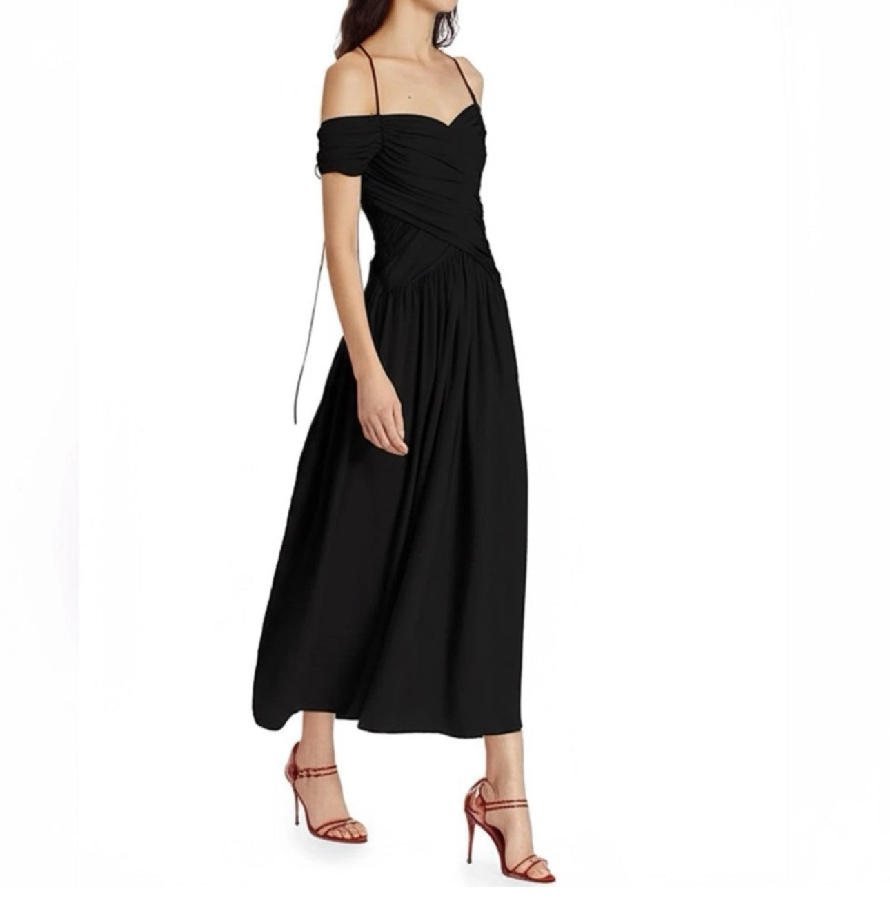 Rosetta Getty Collective Off Shoulder Black Ruched Midi Dress Sz 4 | MSRP $485