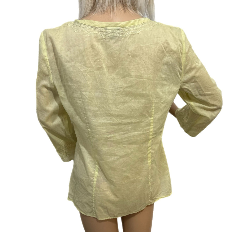 Ann Taylor Blouse Women’s Light Yellow Embroidered Top Semi Sheer V Neck Sz 6