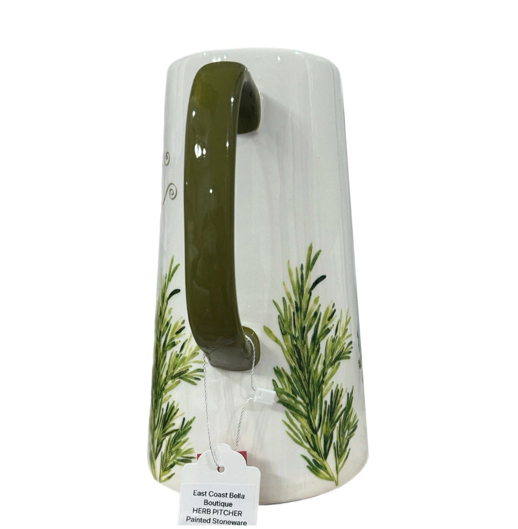 New Ceramic Pitcher Herbs Botanical Painted Green White 9.5”