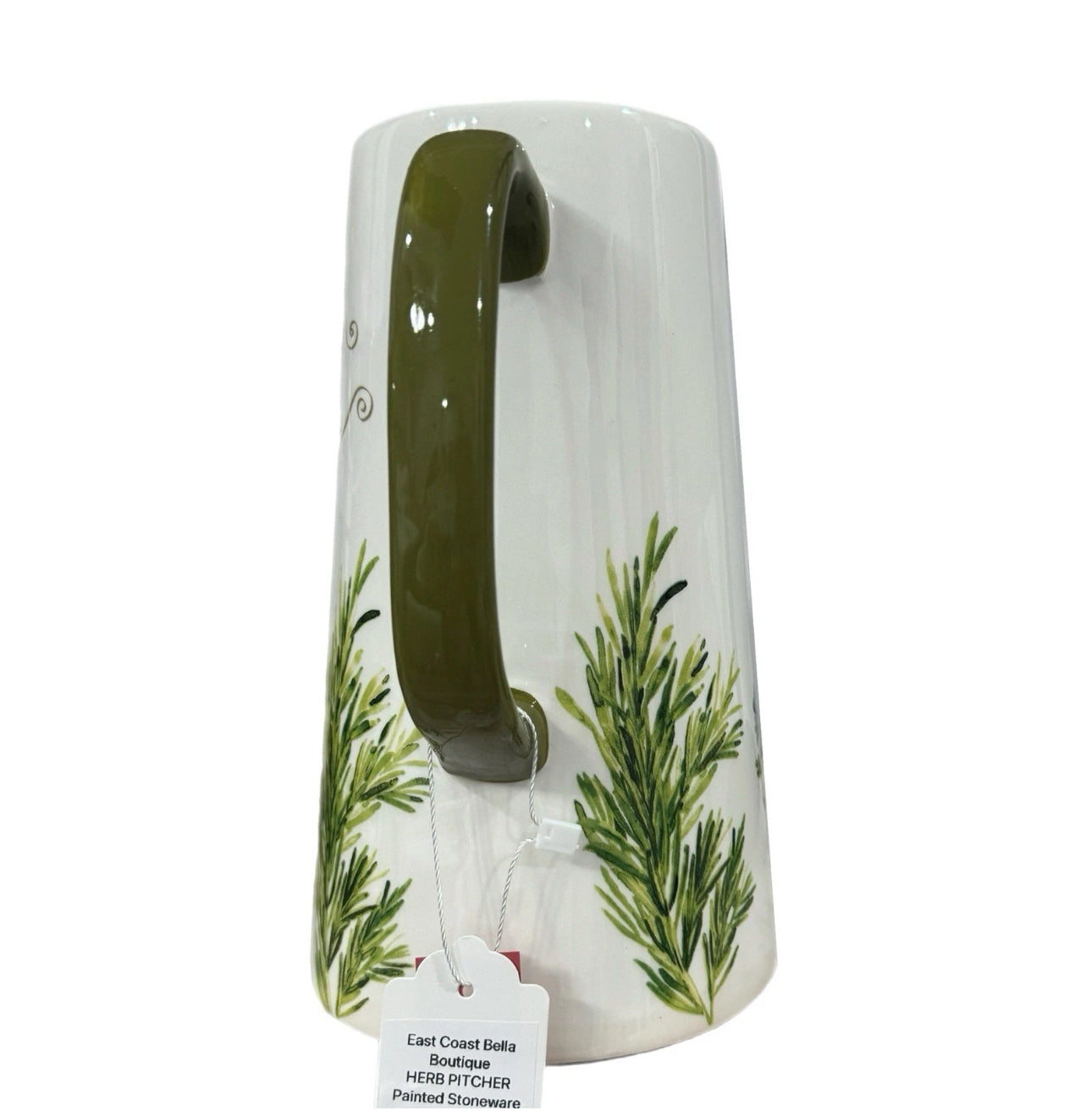 New Ceramic Pitcher Herbs Botanical Painted Green White 9.5”