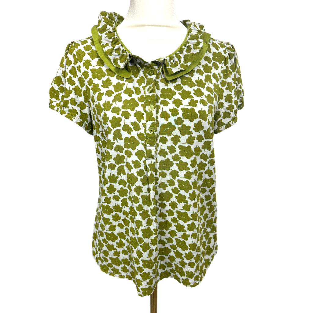 BODEN Abstract Garden Blouse Short Sleeve Button Front Womens Ruffle Collar Sz 8