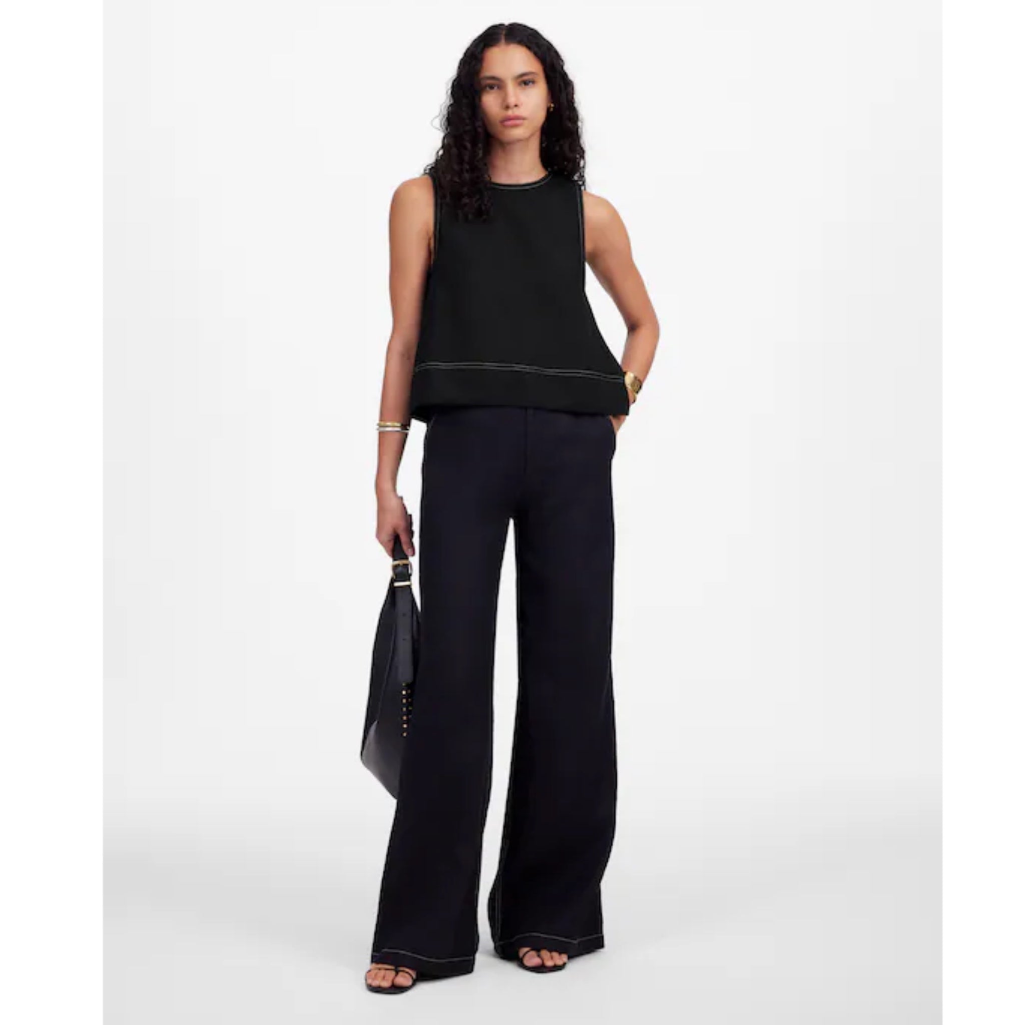 MADEWELL Linen Pleated Shell Top Women’s XS / S Jet Black Minimalist Chic Blouse
