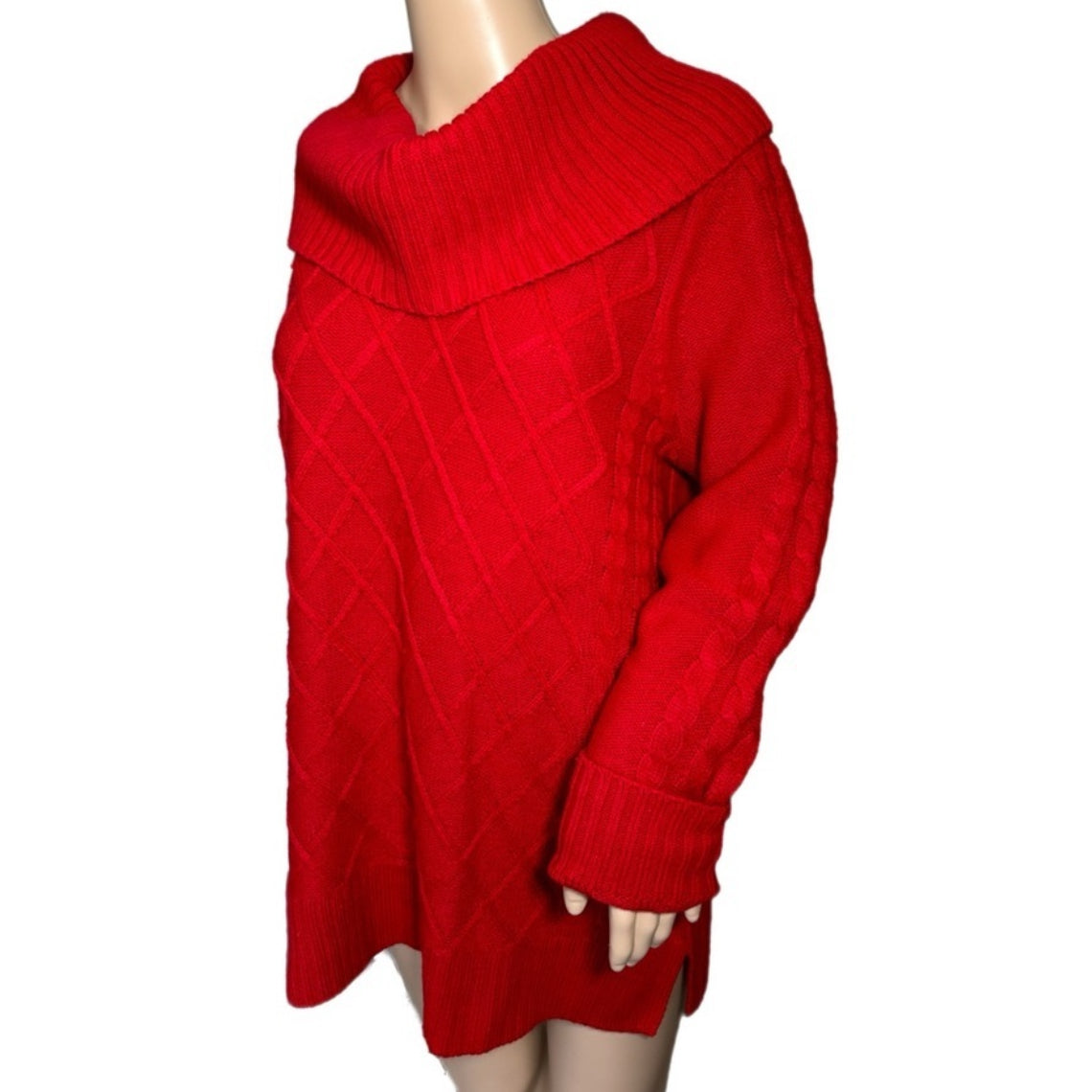 Calvin Klein Women's Cable Knit Red Sweater Diamond Pattern Cowl Neck Size M