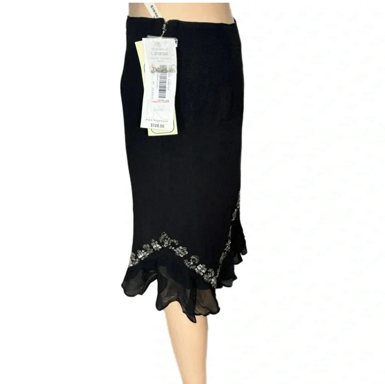 NWT BIANCA NYGARD 100% Silk Beaded Skirt Black Tulip Ruffle Hem Sz 4