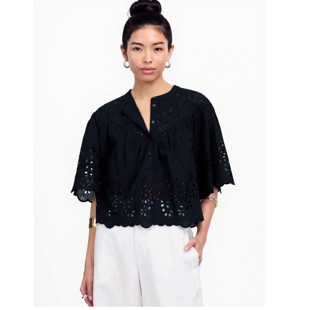 MADEWELL Women's Black Eyelet Cotton Sz S Swing Top Scalloped Hem Blouse New