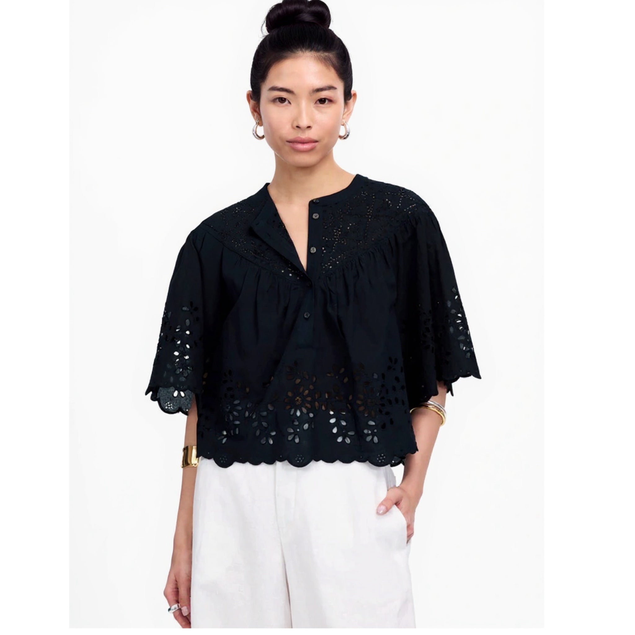 MADEWELL Women's Black Eyelet Cotton Sz S Swing Top Scalloped Hem Blouse New