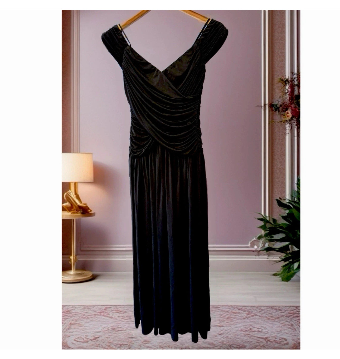 Rosetta Getty Collective Off Shoulder Black Ruched Midi Dress Sz 4 | MSRP $485