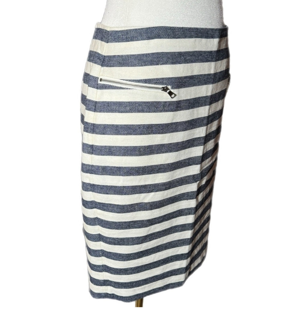 ANN TAYLOR Coastal Linen Blend Striped Pencil Skirt High Rise Navy White Size 4