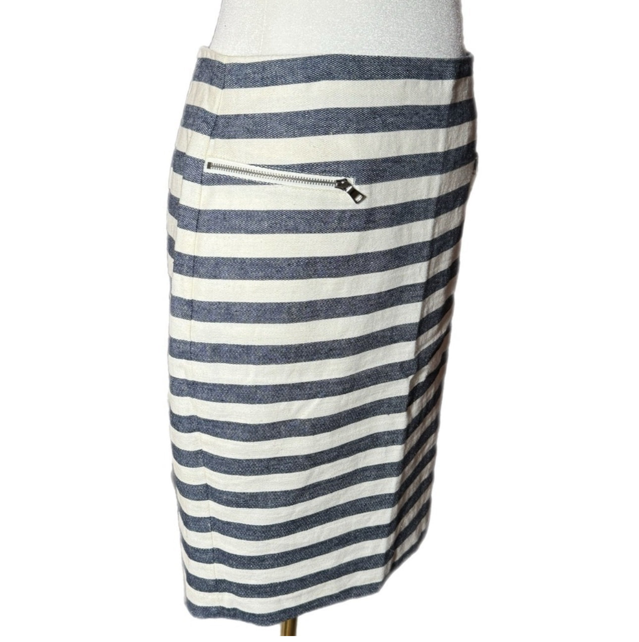 ANN TAYLOR Coastal Linen Blend Striped Pencil Skirt High Rise Navy White Size 4