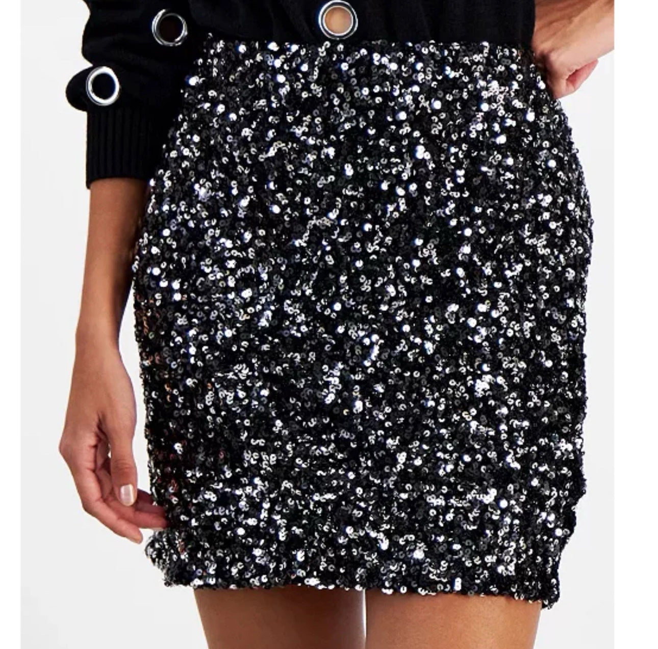 BAR III Women’s Sequined Black Mini Skirt Soft Lined Pull On Stretchy Sz XL