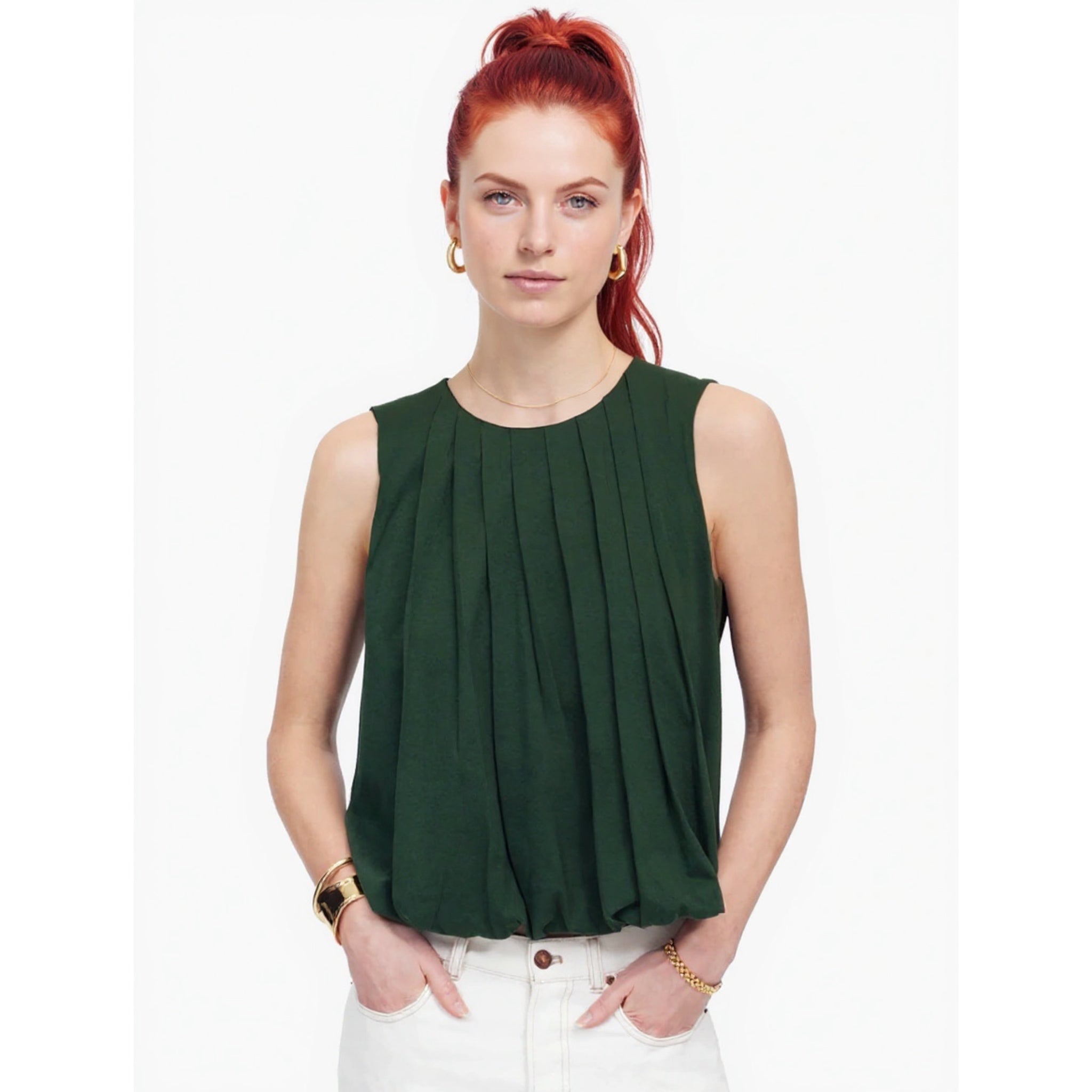 MADEWELL Sleeveless Crewneck Bubble Tank Top Sz XXS (Fits XS) Green Pleated New