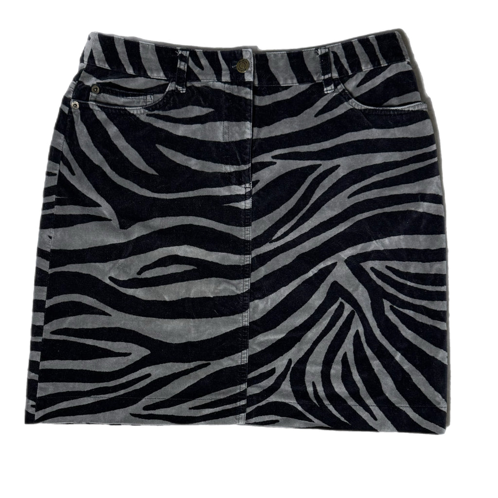 Boden Velvet Womens Sz 8 Zebra Print Skirt Mod Cotton Black Gray Mini Pencil