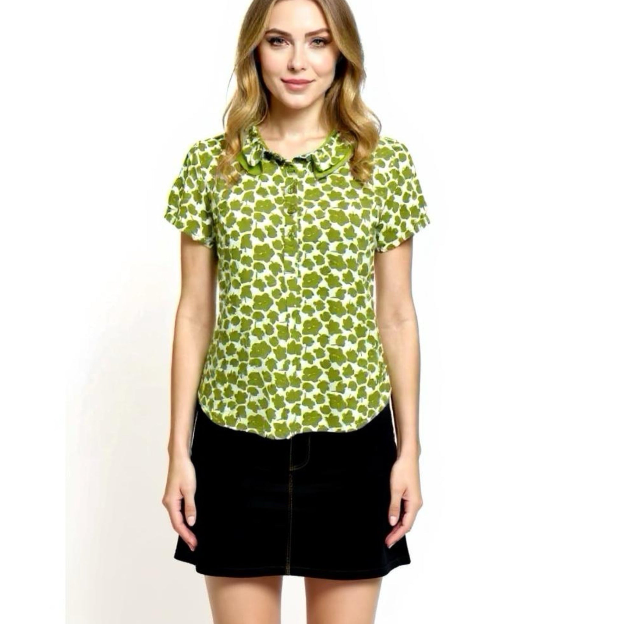 BODEN Abstract Garden Blouse Short Sleeve Button Front Womens Ruffle Collar Sz 8