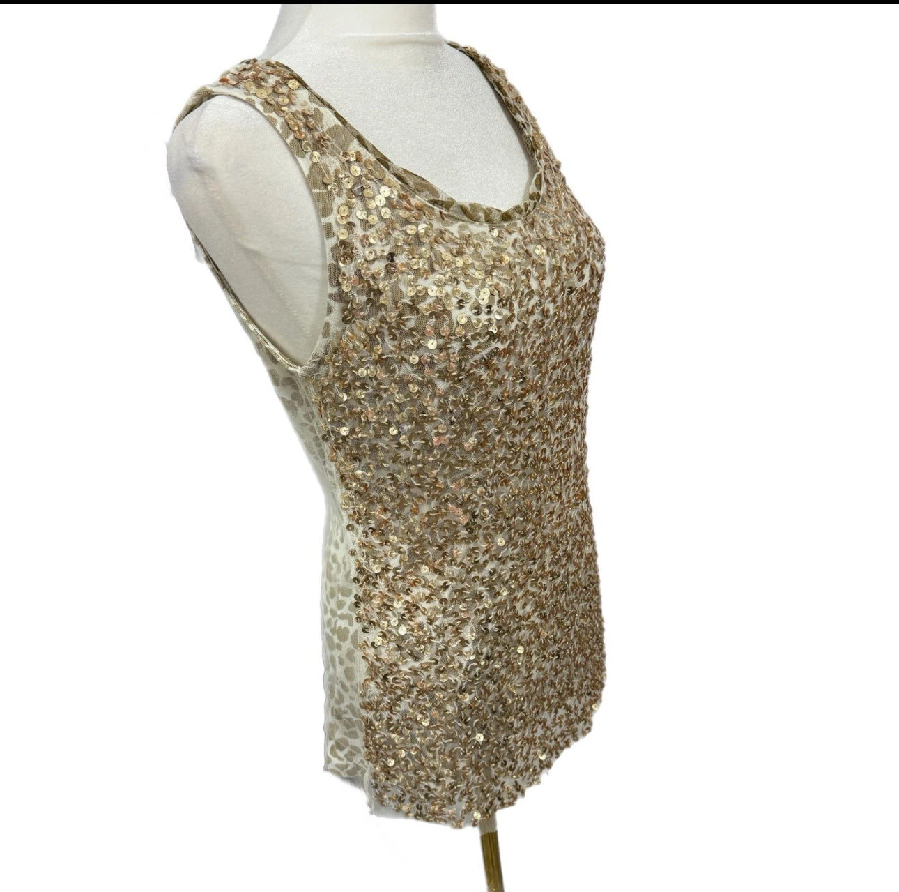 CHICOS 0 Gold Sequin Tank Top Shell Scoop Neck Contrast Print Blouse Sz S