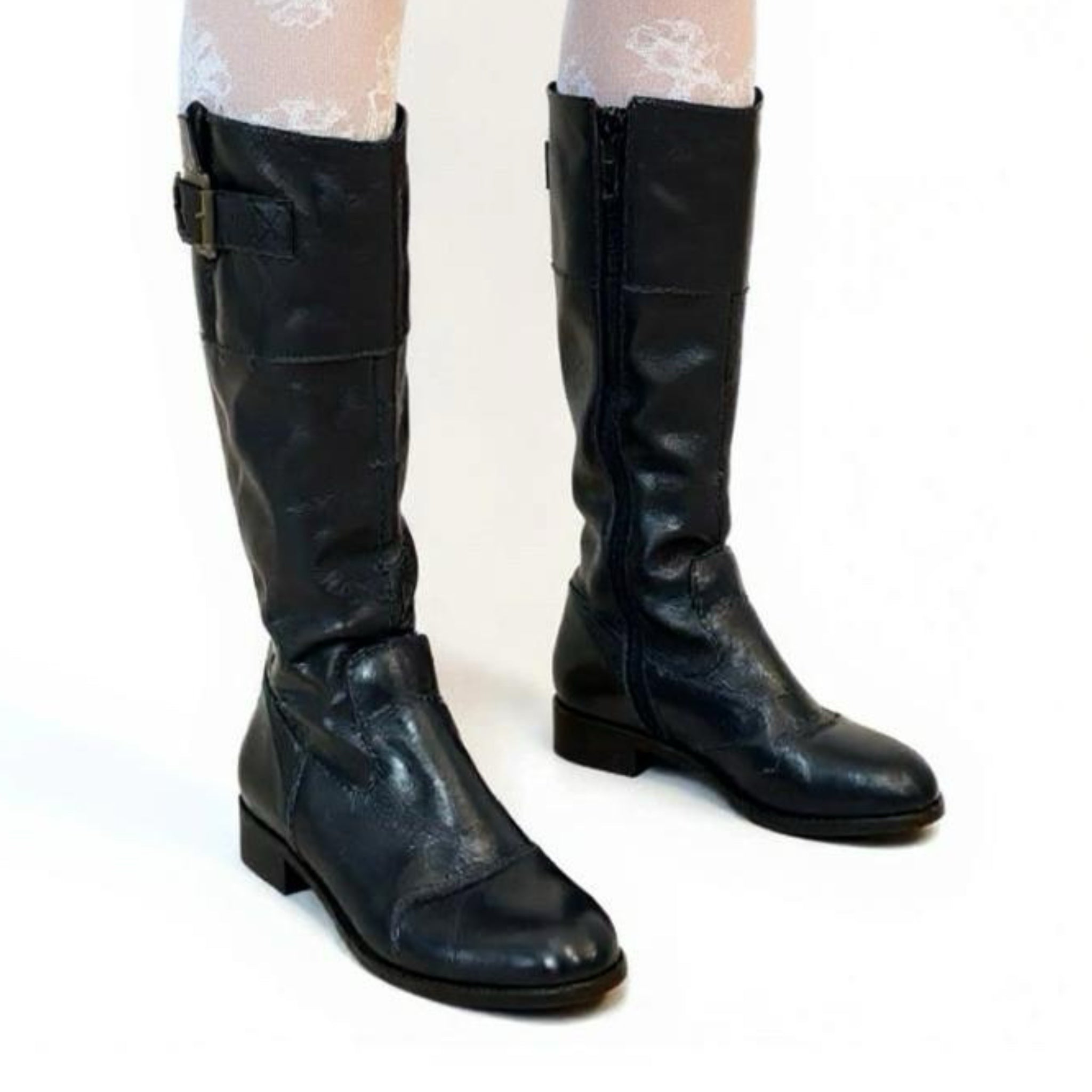 BODEN Genuine Leather Knee High Boots In Classic Navy US Sz 6.5 Made in Brazil