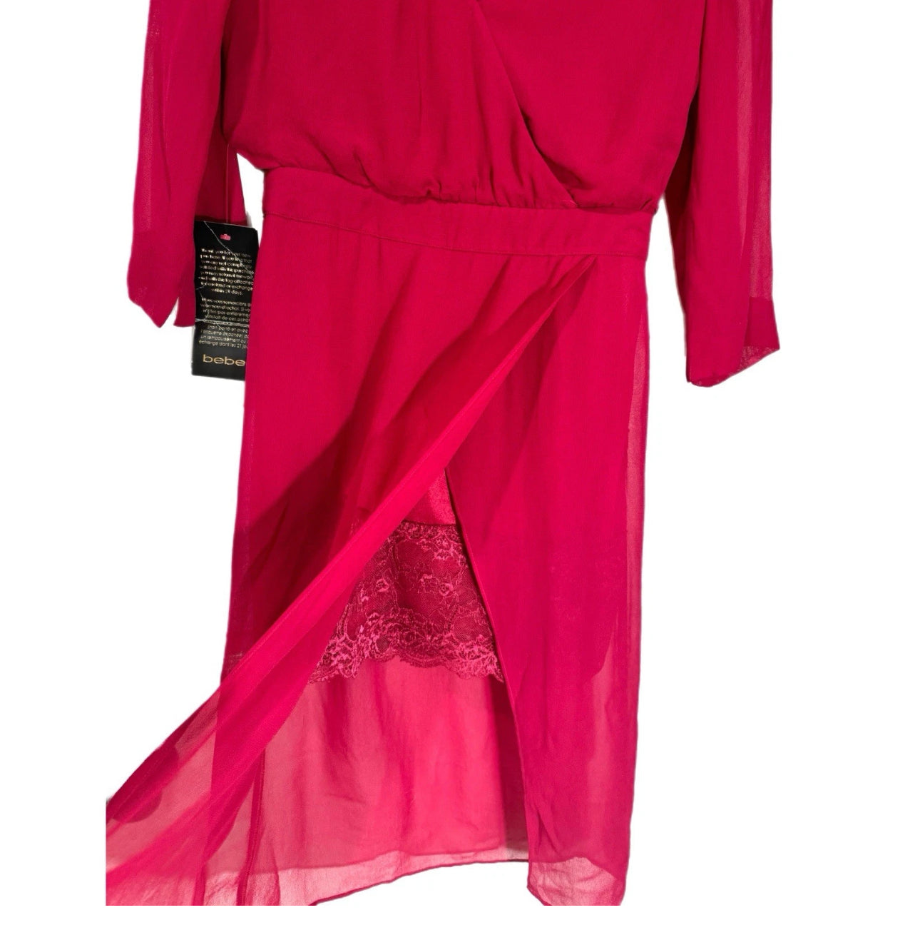 Bebe Womens Raspberry Pink Chiffon Faux Wrap Midi Dress 3/4 Sleeve NWT Sz 4