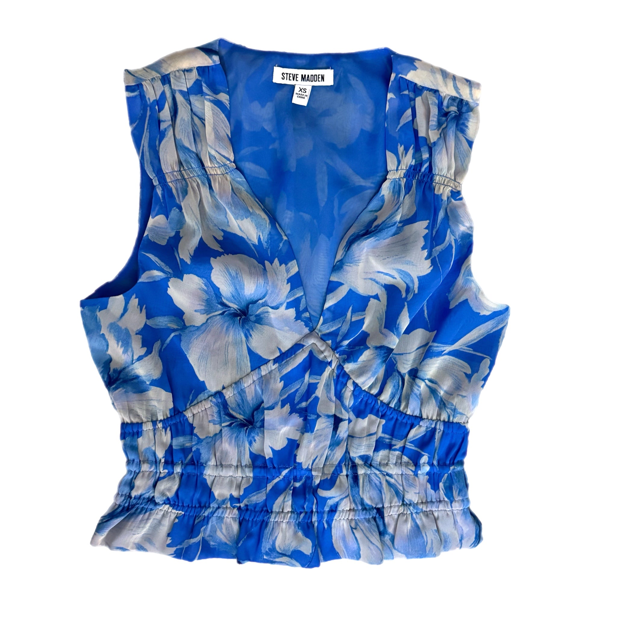 Steve Madden Blue Floral Smocked Crop Top Sleeveless Ruched Blouse Sz XS